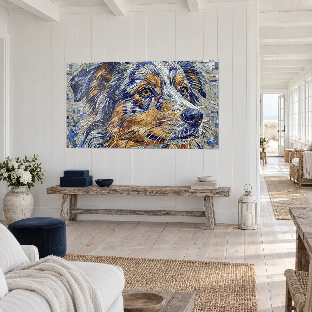 Quadro pastore a tessere con muso blu notte e manto color miele, frammenti di vetro argentati, vista di tre quarti in una casa sul mare