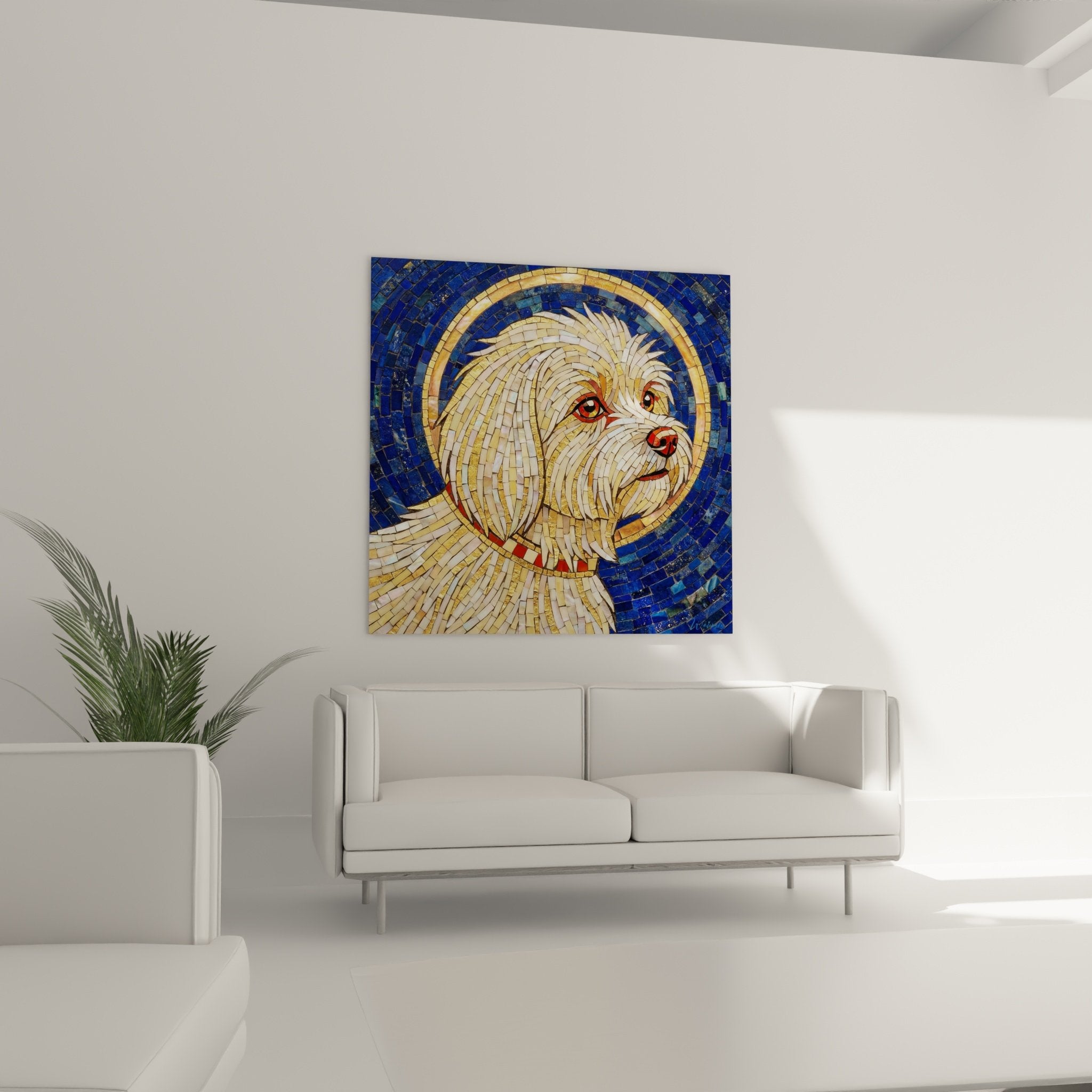 Maltese bichon mosaic detail amber eyes golden tesserae white coat texture