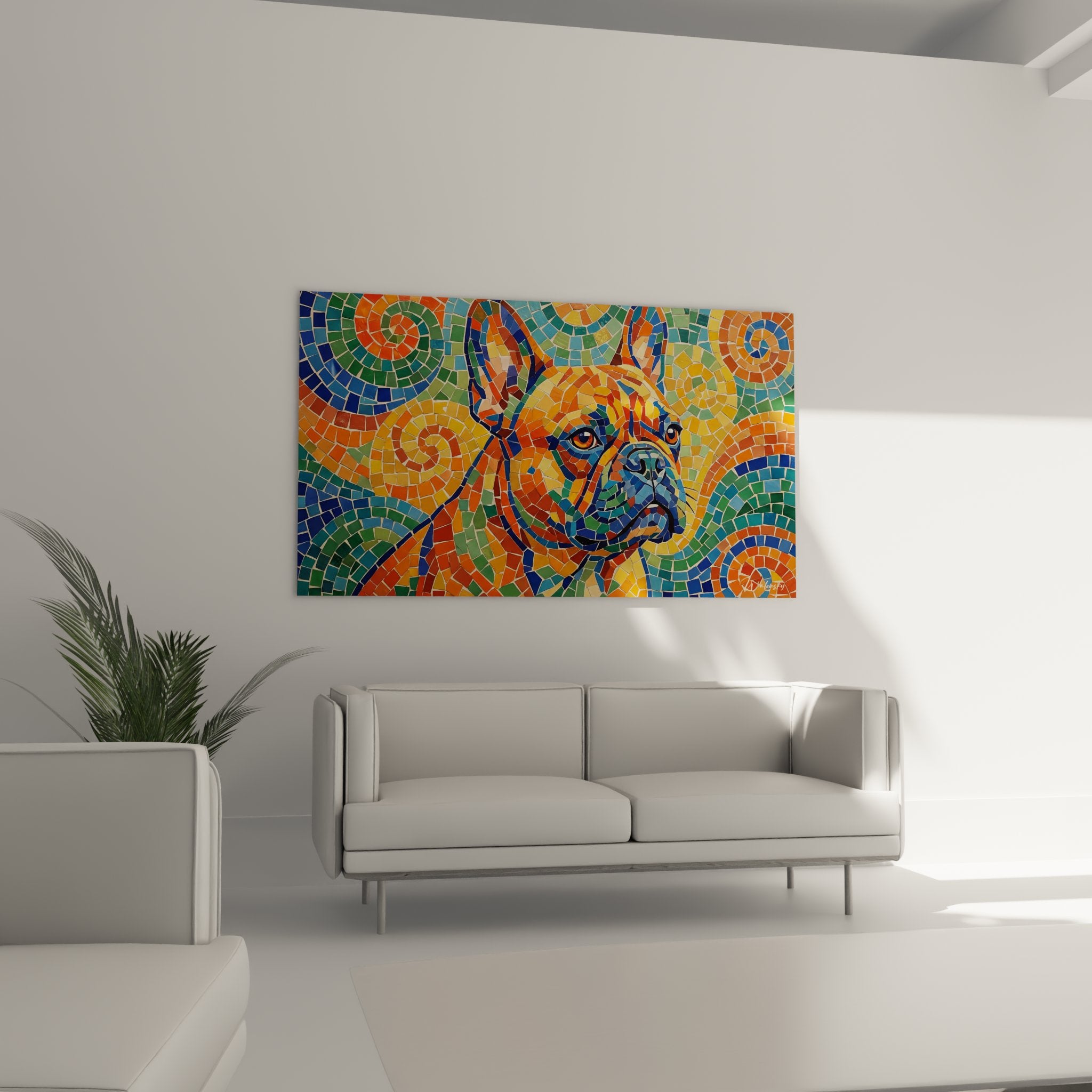 detailmosaik französische bulldogge bunte tessellen orange blau künstlerische technik hundeporträt