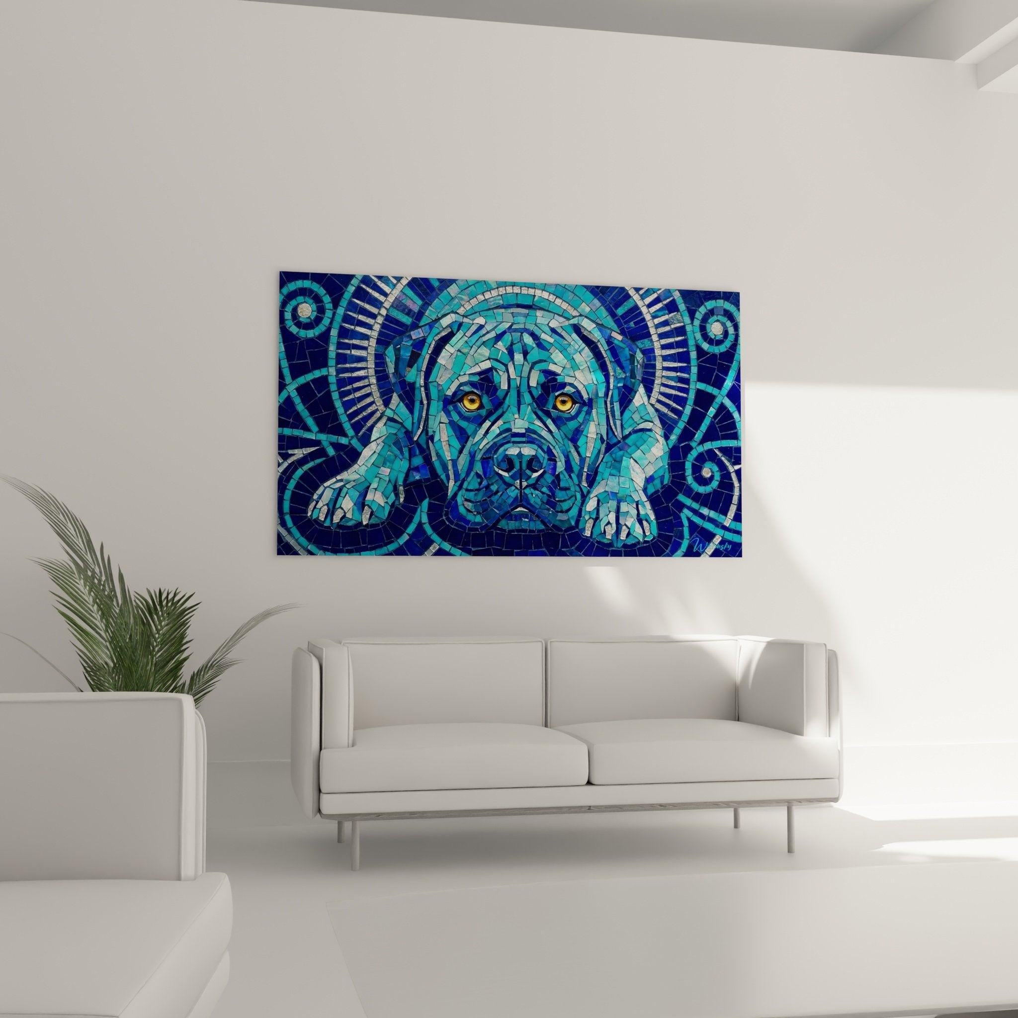 Detail tesselles bleues mosaique portrait Bullmastiff yeux dores art contemporain fragments colores