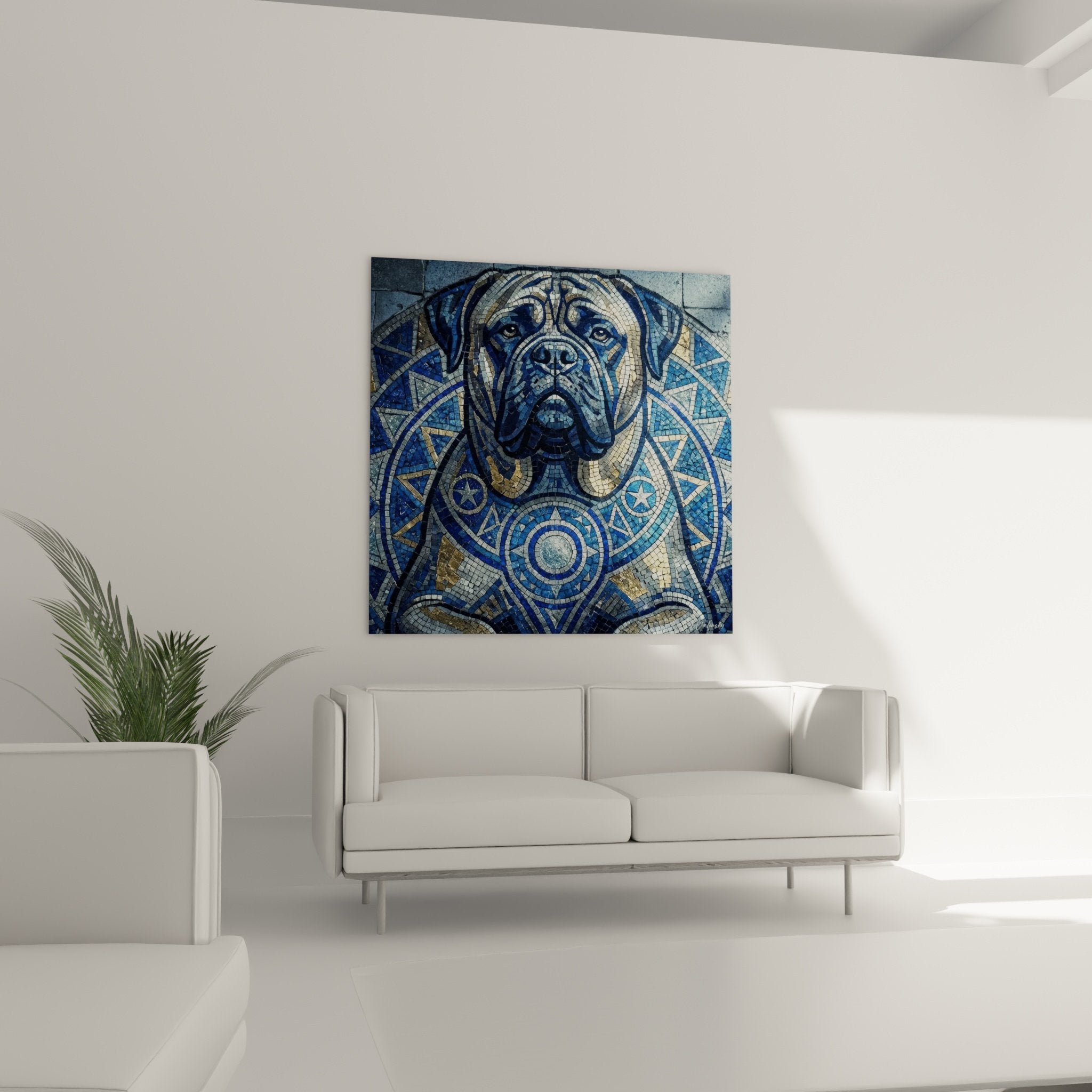 Détail tesselles mosaïque bleue portrait Bullmastiff regard expressif