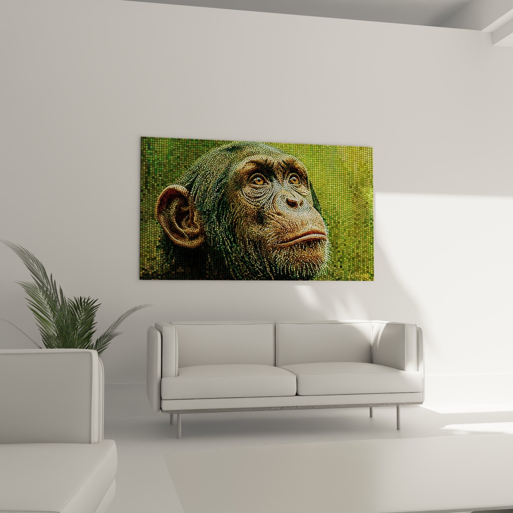Détail mosaïque chimpanzé yeux ambrés technique pointilliste reflets dorés