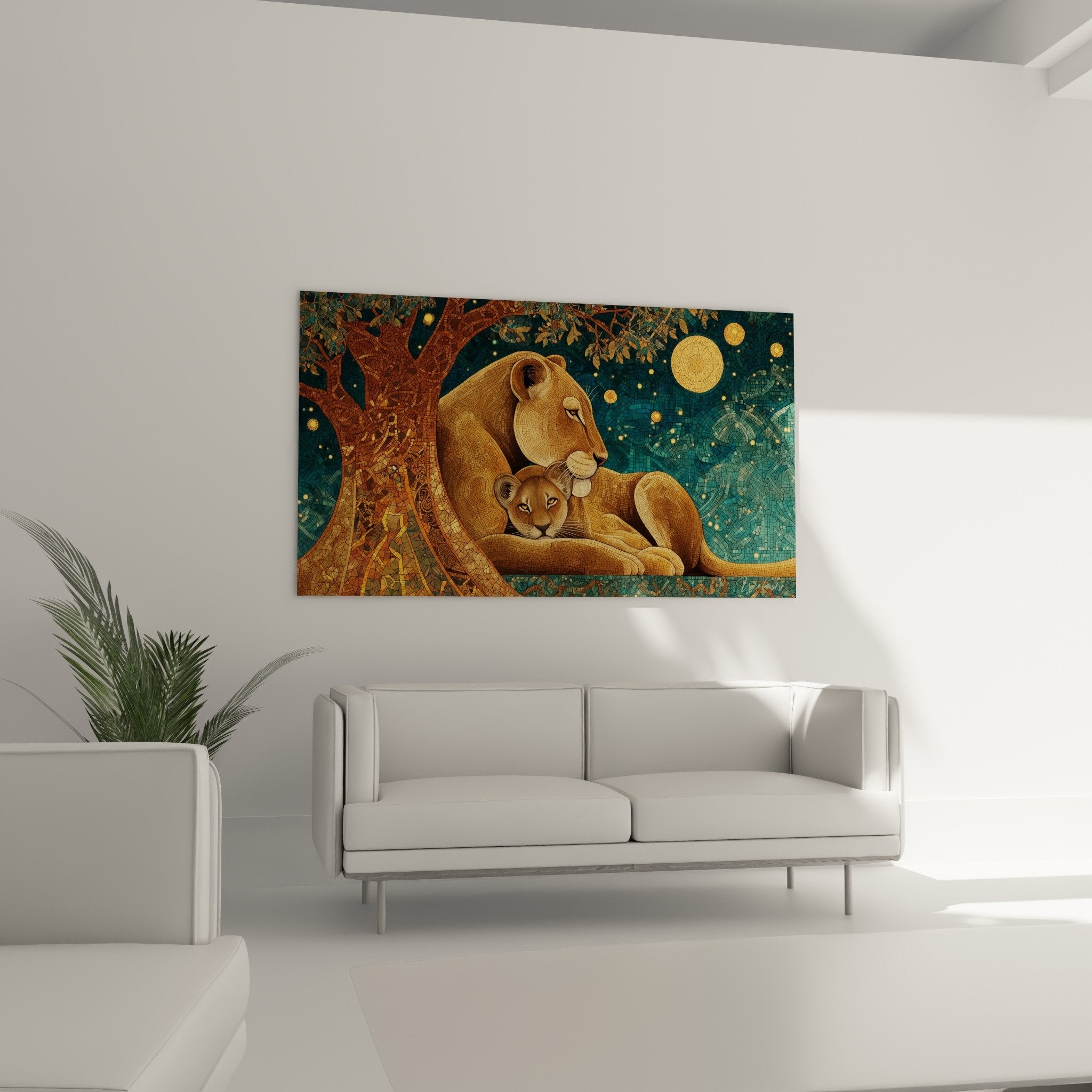 Dettaglio mosaico dorato leonessa e cucciolo su quadro decorativo con effetti di tesselle brillanti