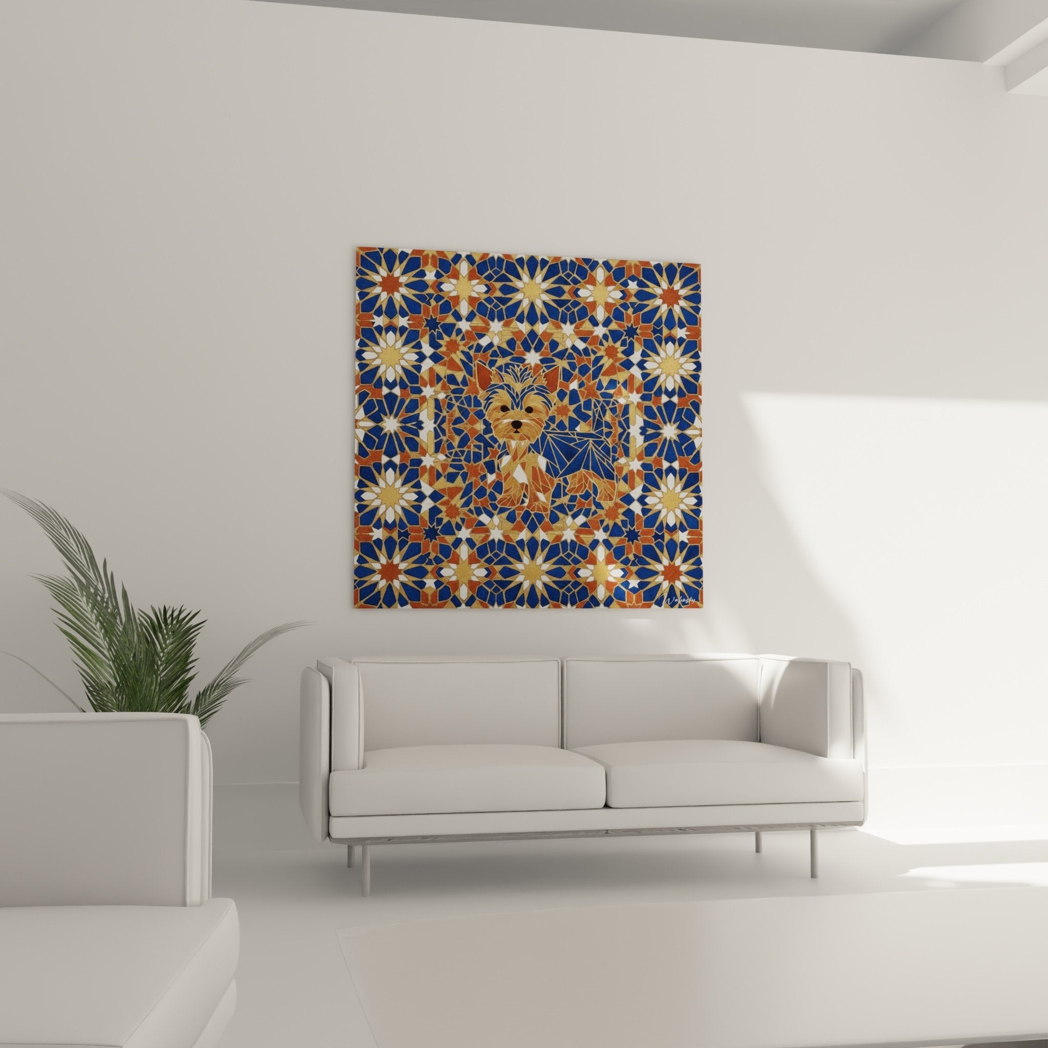 Detail geometrisches Mosaik goldfarben und blau umrahmt stilisiertes Portrait Yorkshire Terrier