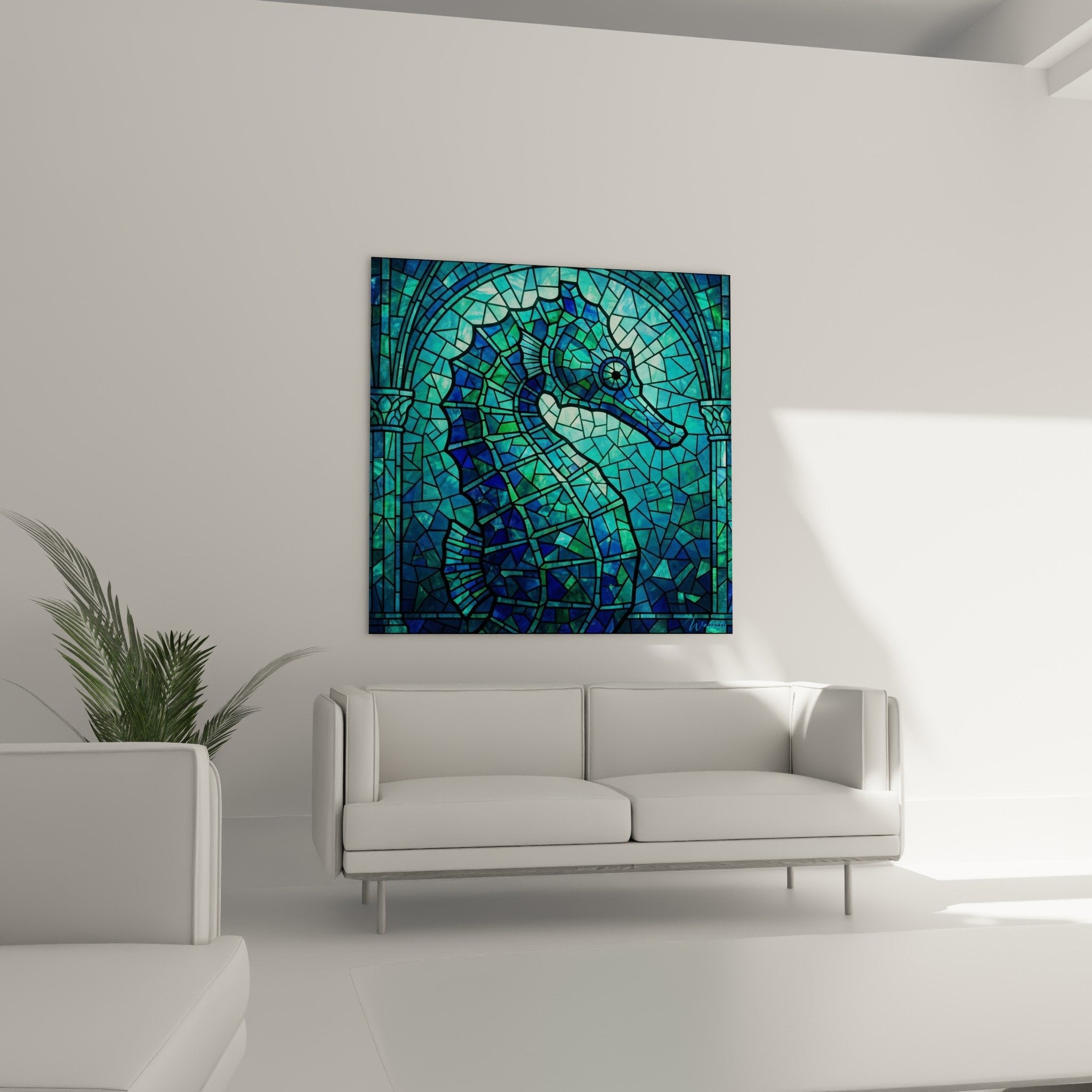 Detail mosaique hippocampe tesselles turquoise bleu texture geometrique art contemporain