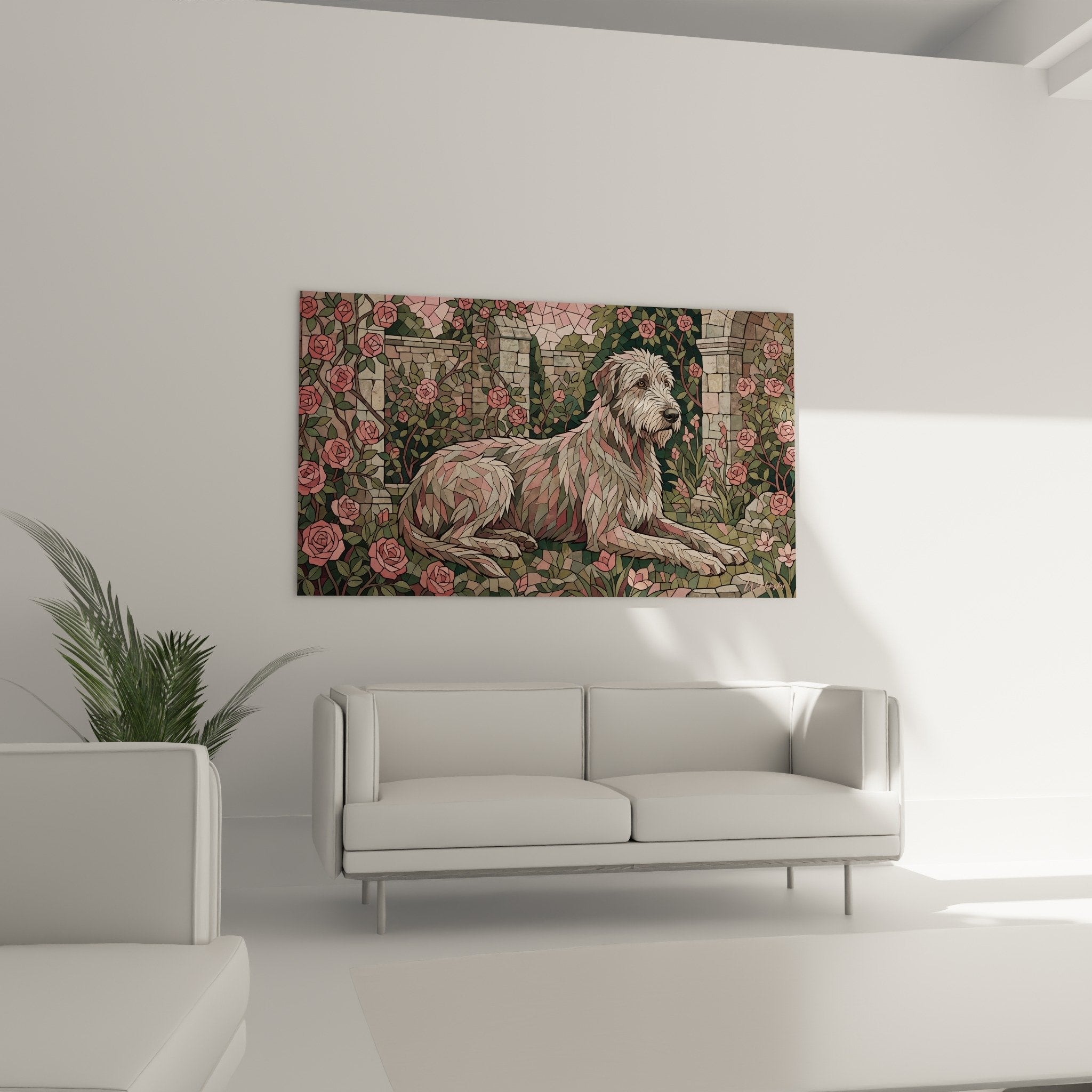 Mosaik-Detail Irish Wolfhound graueres Fell fragmentiert zarte Rosen moderne Glasmalerei-Technik