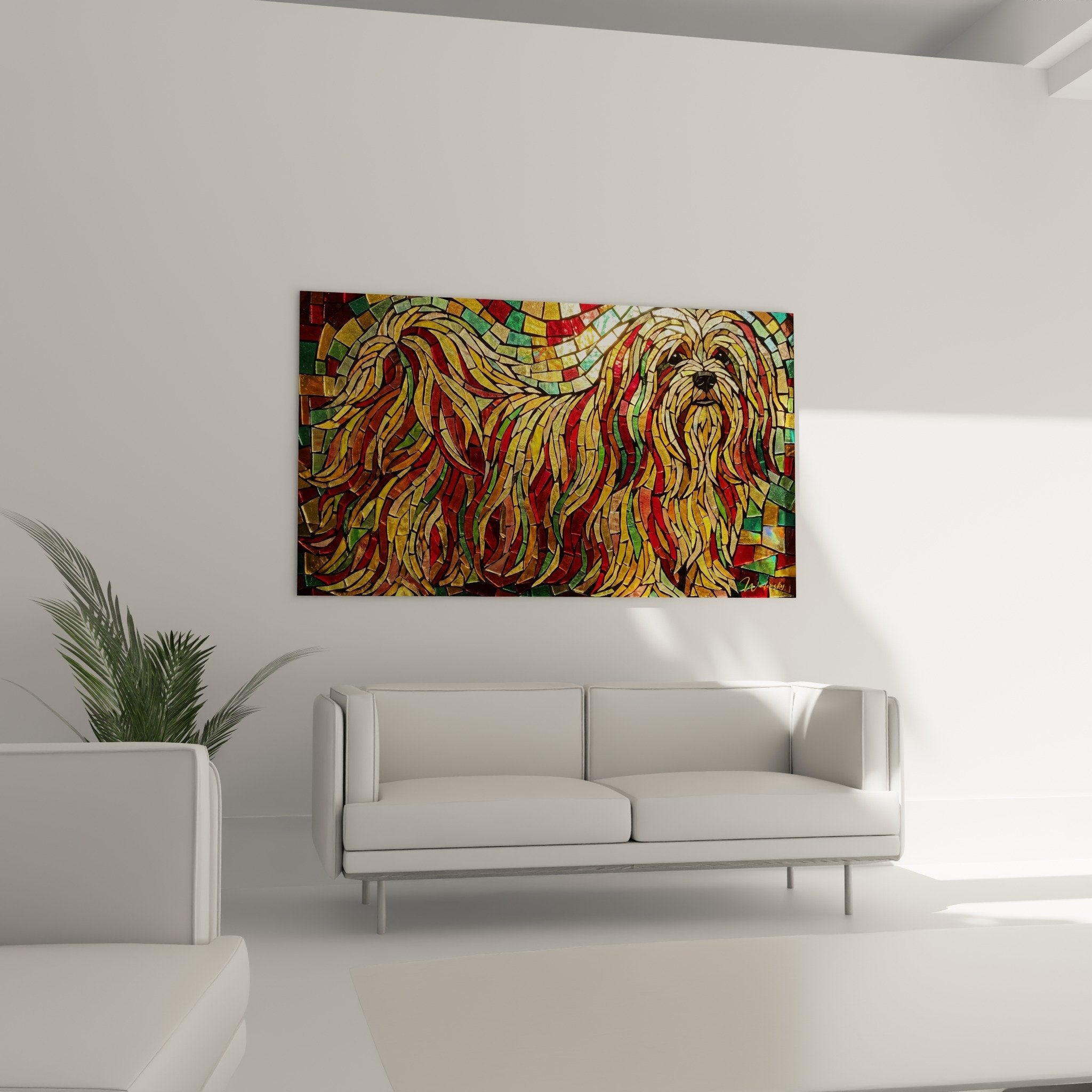 Detail mosaique Lhassa Apso tesselles dorees cuivrees texture pelage soyeux technique artistique