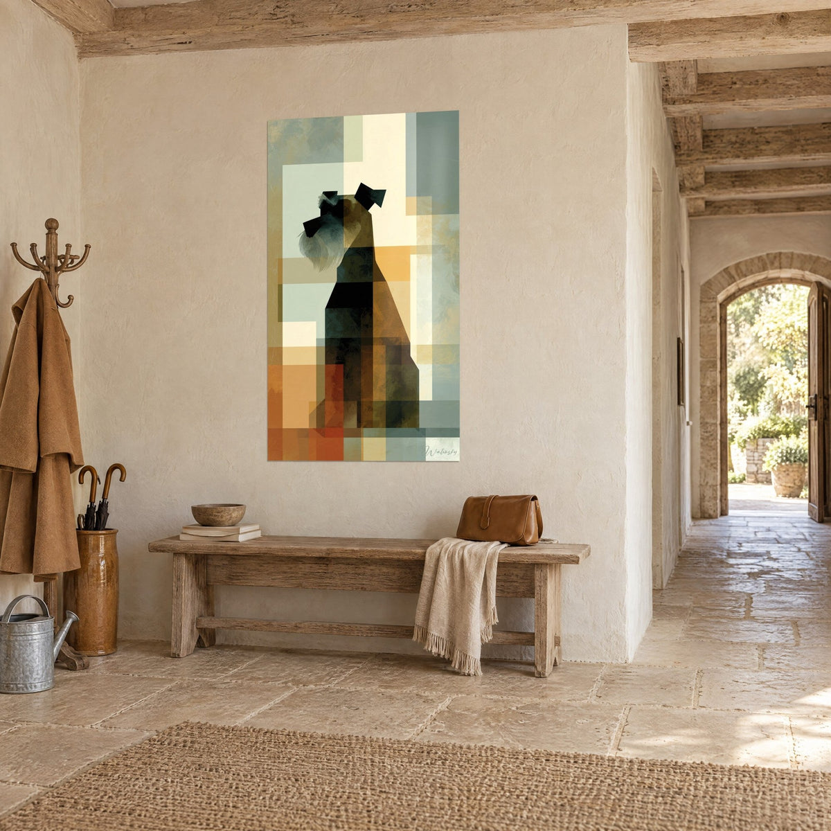 Tableau chien barbu stylisé en mosaïque abstraite, blocs crème, orange brûlé et gris-bleu, mur de pierre d'une maison de campagne