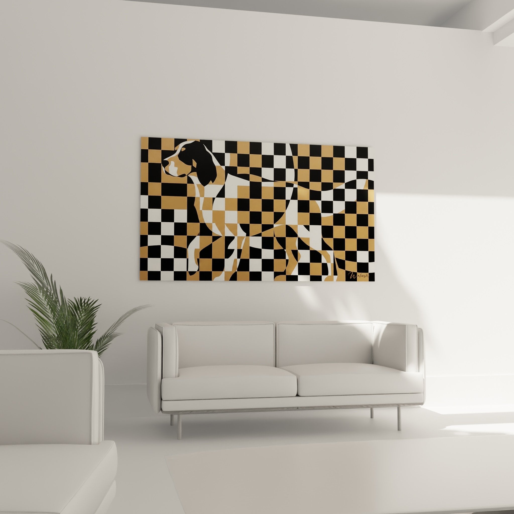 Dettaglio mosaico geometrico Setter Inglese quadrati nero bianco terra di Siena effetto pixelato moderno