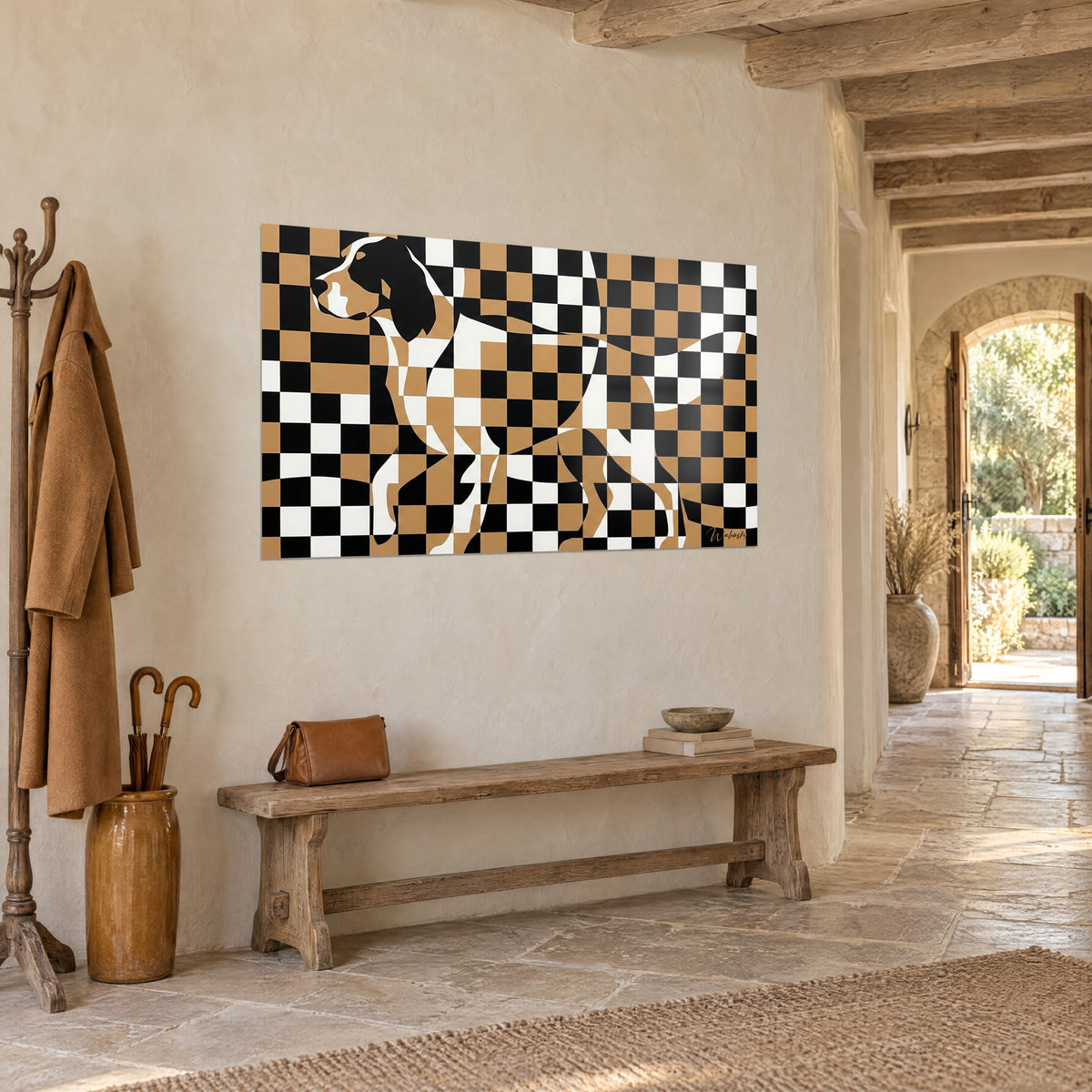 Wall art stylised English Setter, black ear and white muzzle on an ochre checkerboard, three-quarter view in a stone hallway