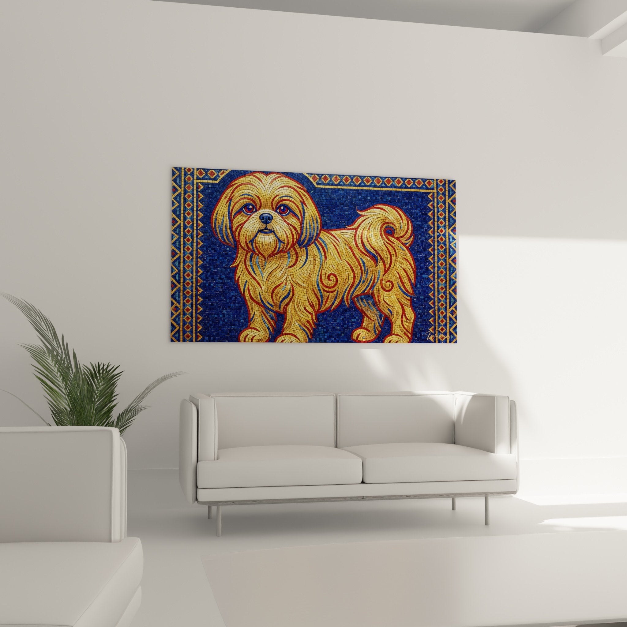 Detail mosaique shih tzu tesselles dorees cuivre bronze yeux bleus technique byzantine precision