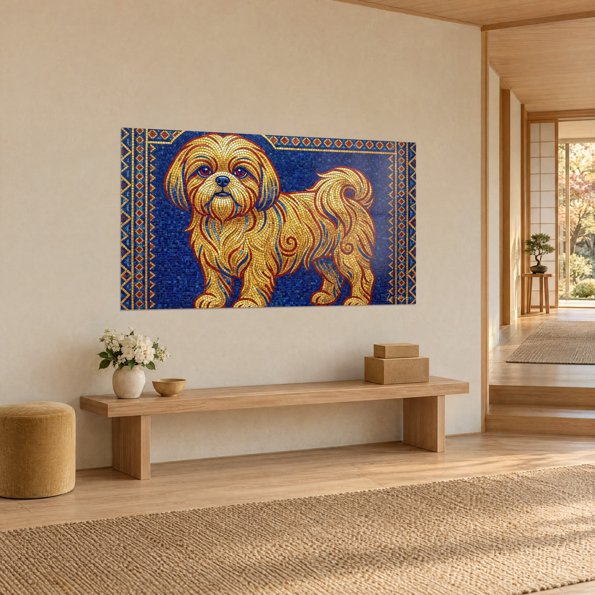 Cuadro perro bizantino de teselas doradas y azul cobalto, borde de rombos rojos, vista de tres cuartos junto a un banco de madera clara