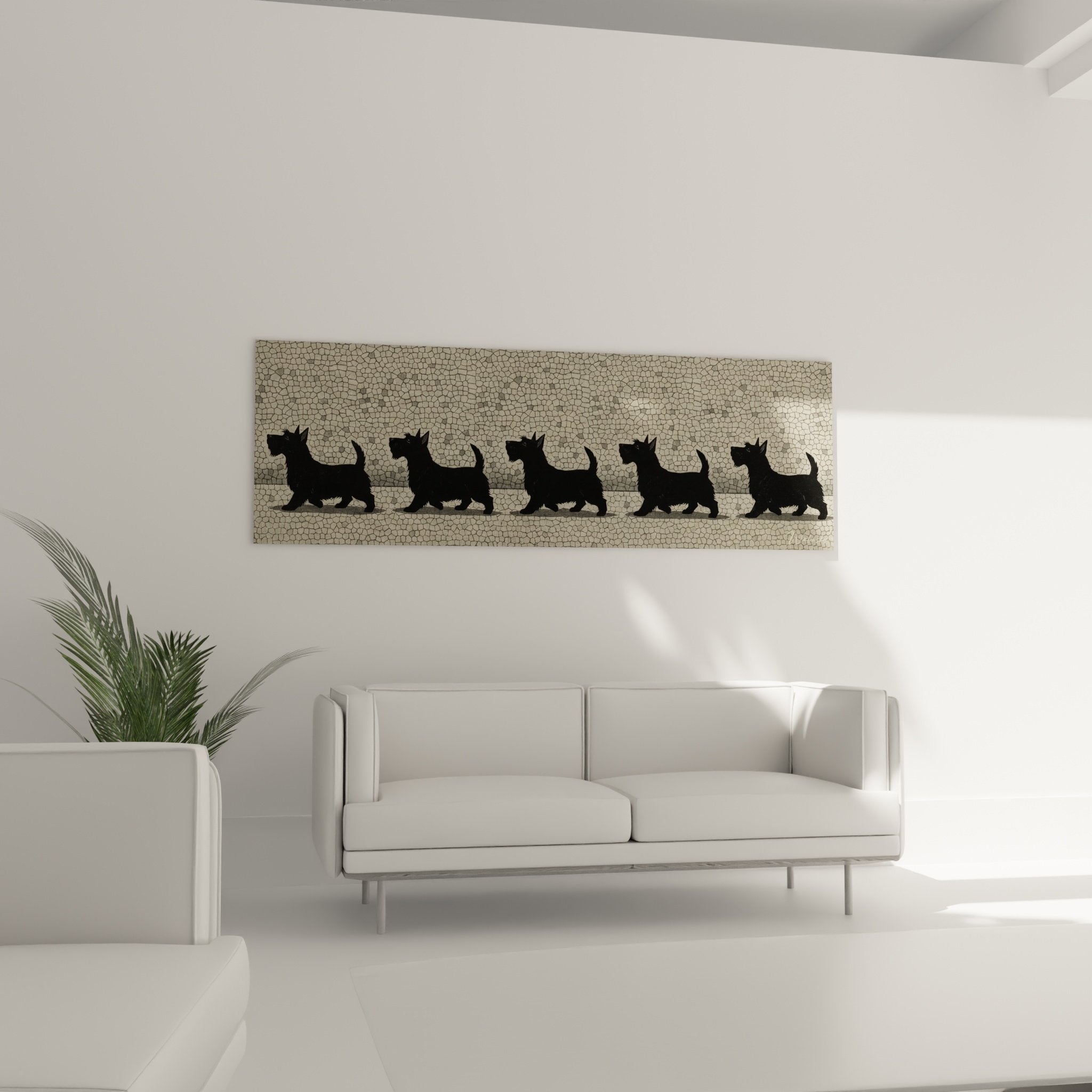 Détail texture mosaïque craquelée beige avec silhouette noire Scottish Terrier aux oreilles dressées