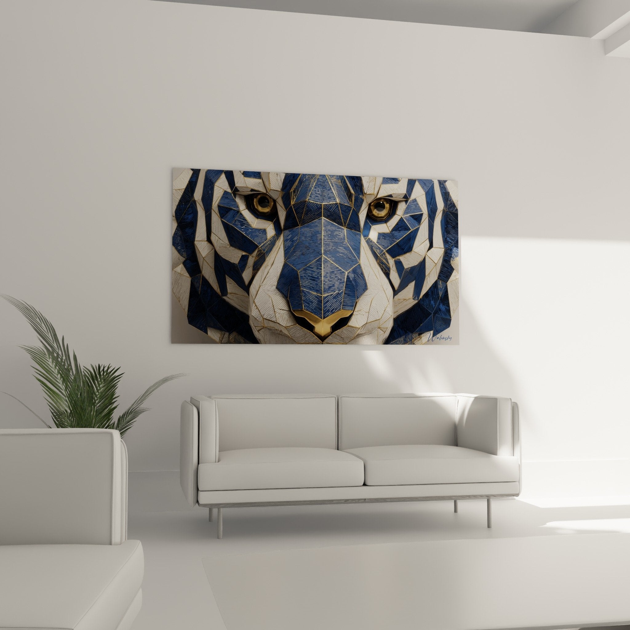 Tiger-Mosaikdetail mit blauen und goldenen Polygonen, geometrische Facetten, wilder Blick, moderne Kunst