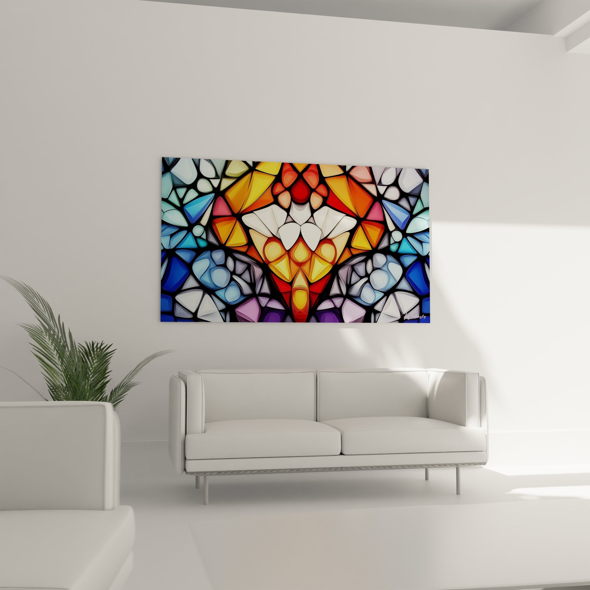 Détail rapproché motif central fleur vitraux orange doré pétales blancs art décoratif