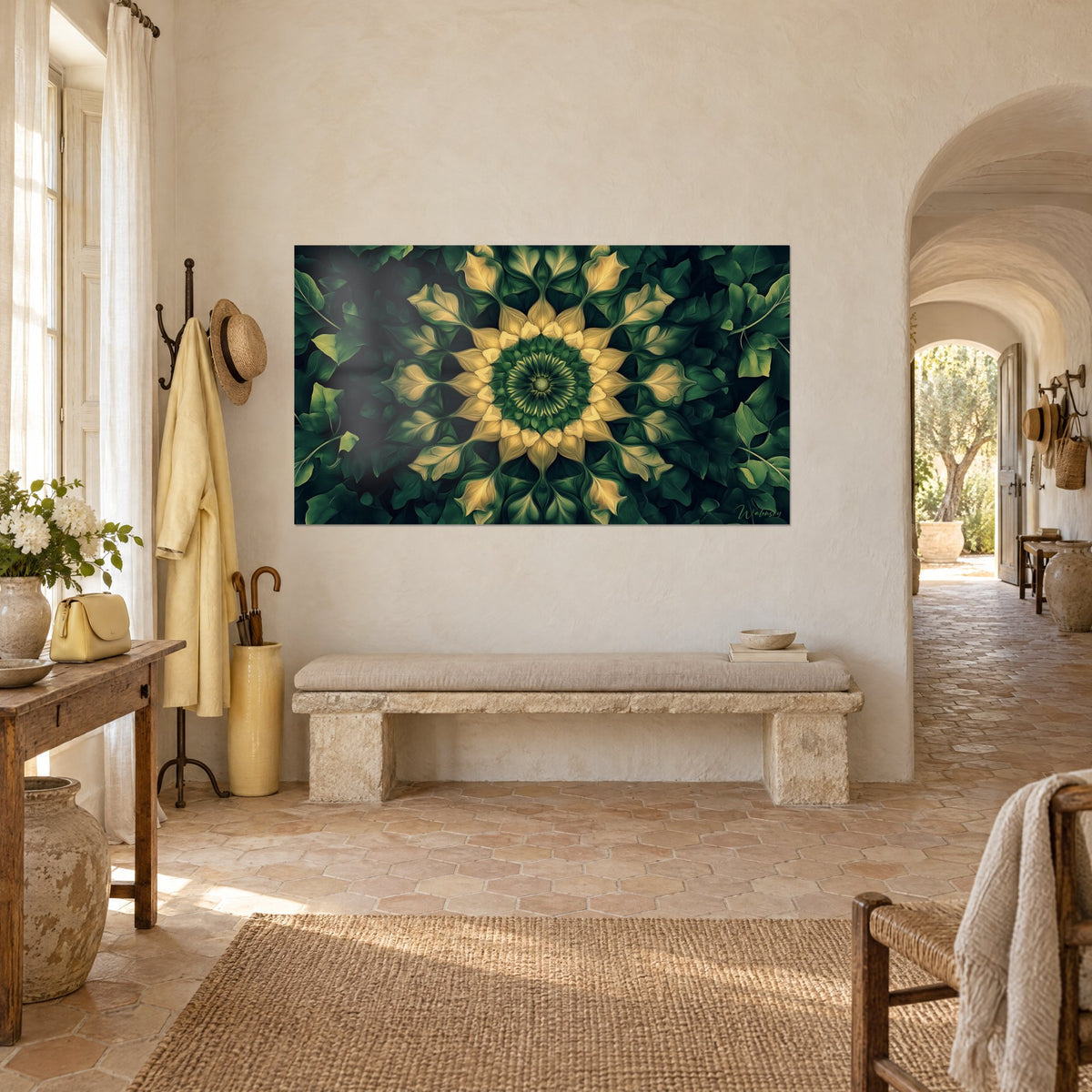 Gemälde Fraktal-Blume mit strohgelben Blütenblättern auf tannengrünem Grund, aus Dreiviertelansicht über einer Steinbank