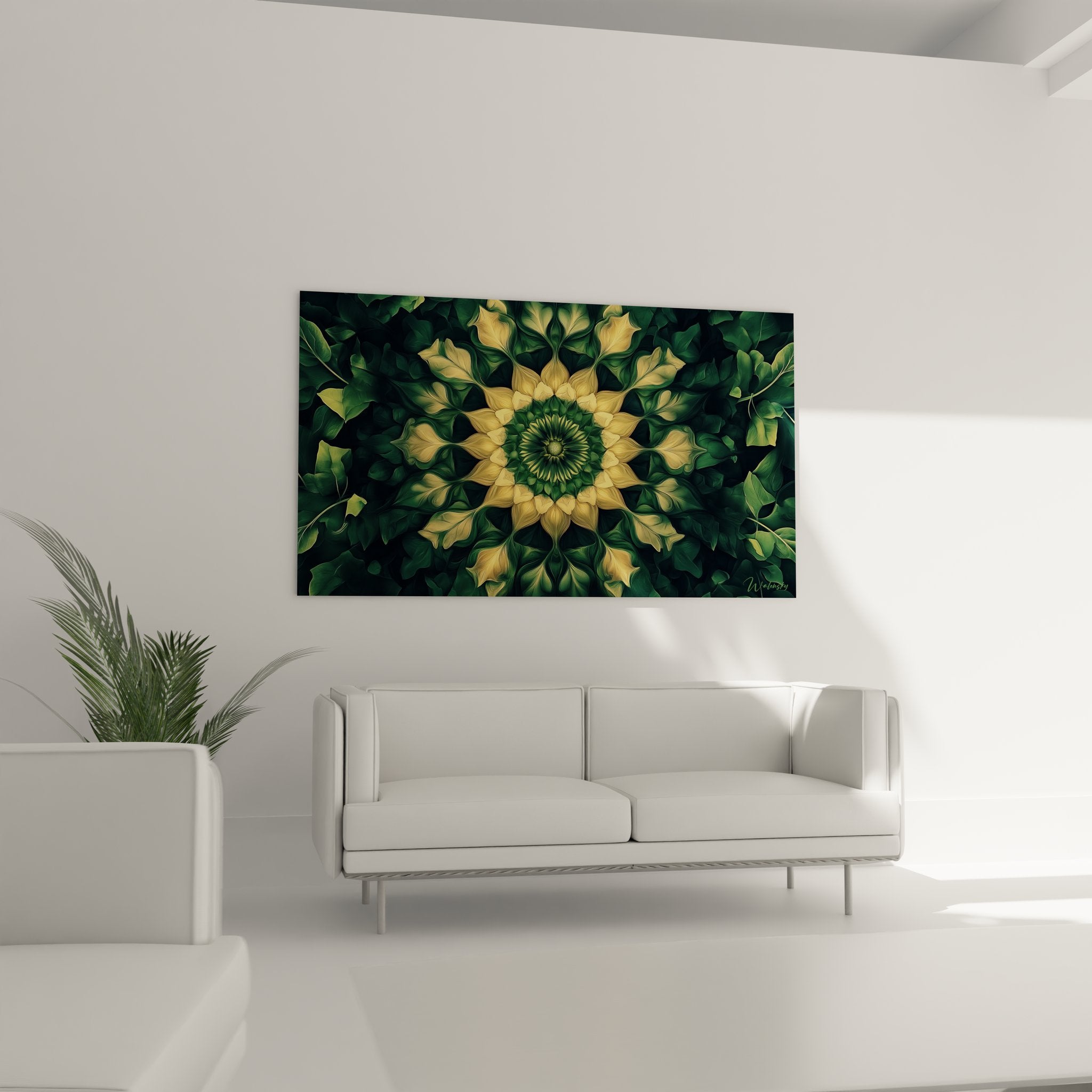 Gros plan détaillé du motif central mandala végétal fractale, feuillages ornementaux dorés et verts