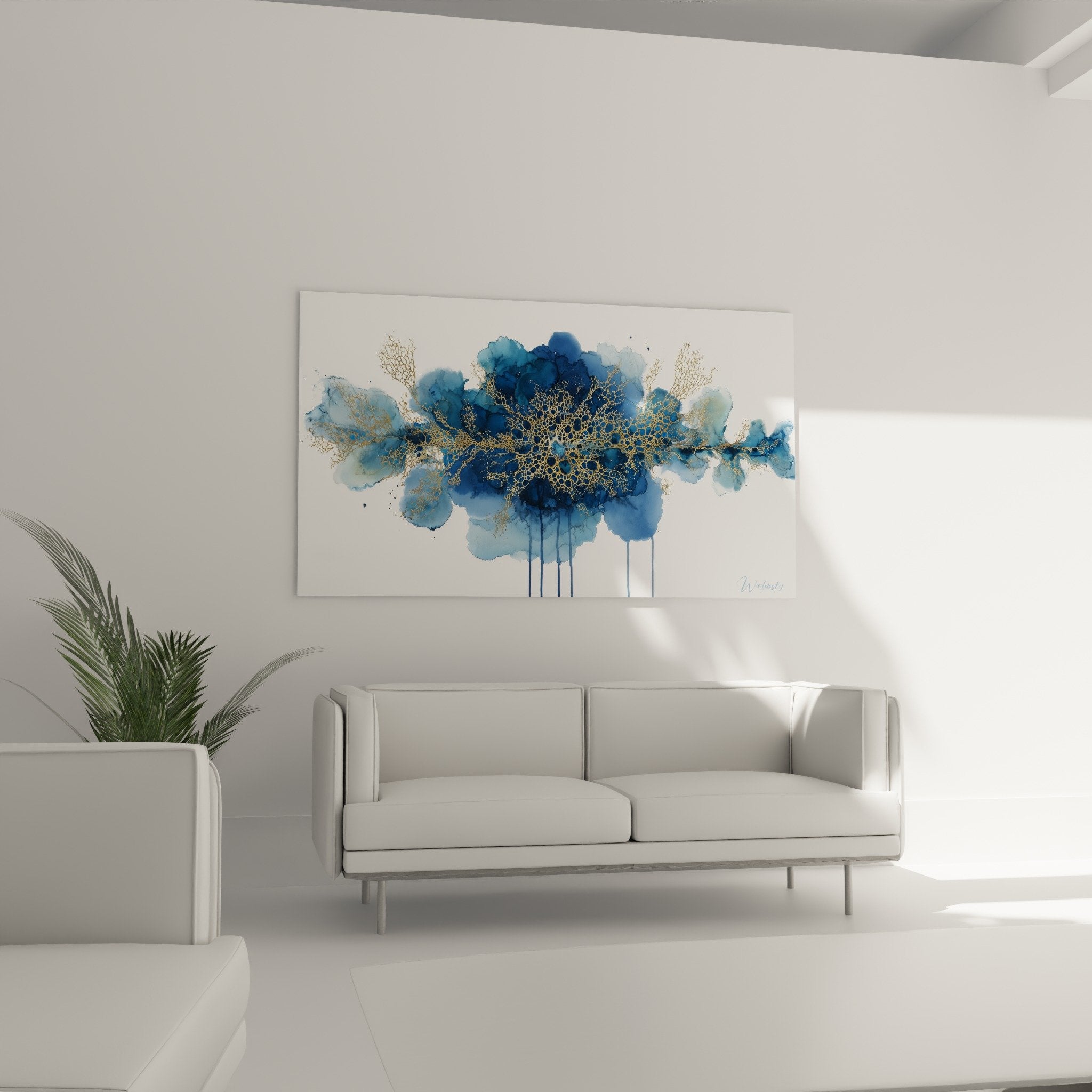 detail tableau abstrait motifs coralliens dores sur fond bleu aquarelle texture marbre moderne
