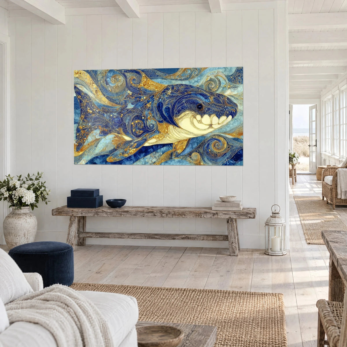 Tableau léviathan des abysses aux volutes dorées et bleu nuit, mâchoire ivoire, vu de trois-quarts dans une maison de bord de mer