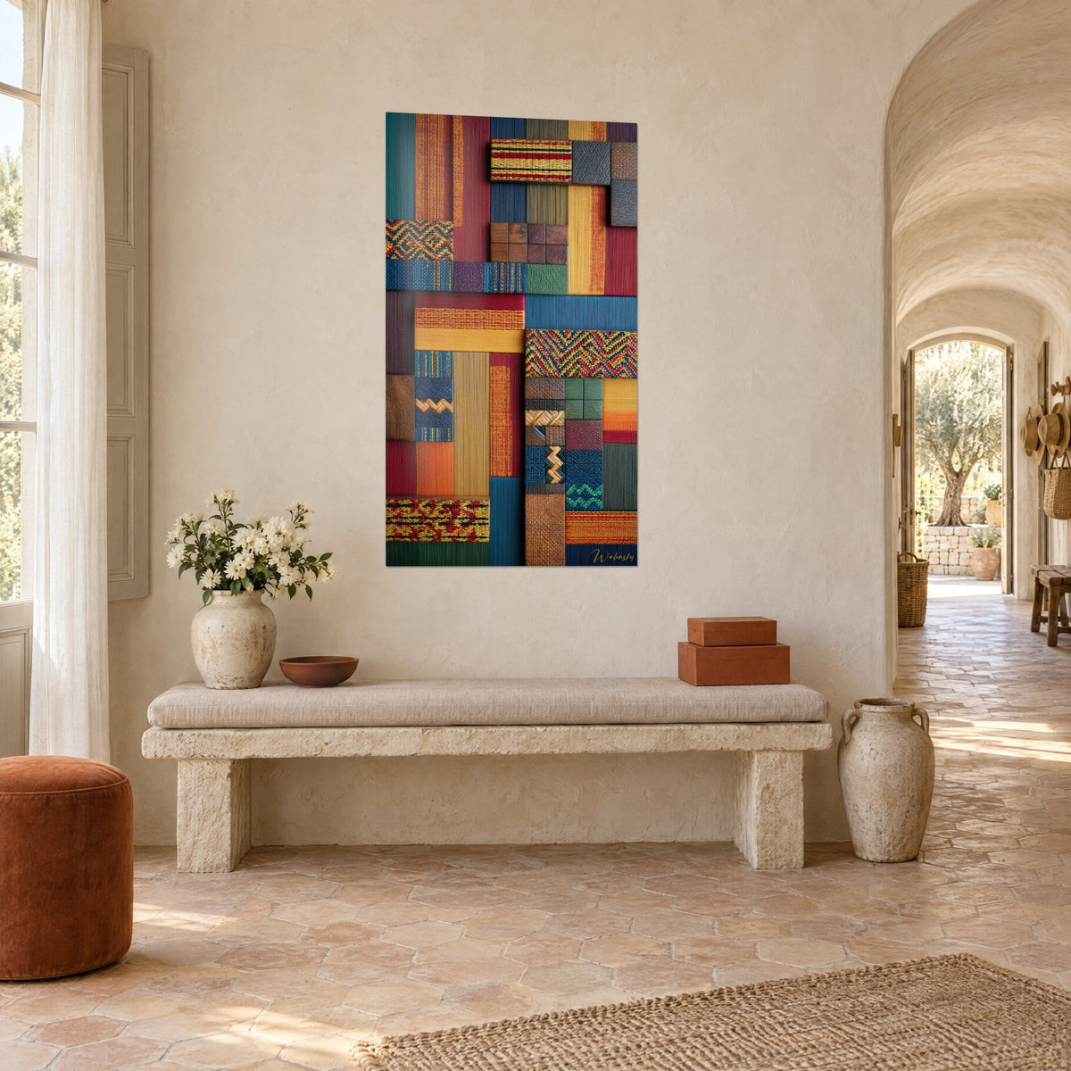 Tableau mosaïque ethnique en bandes tissées moutarde et vert sapin, vue de trois-quarts, sur le mur chaulé d'un mas provençal