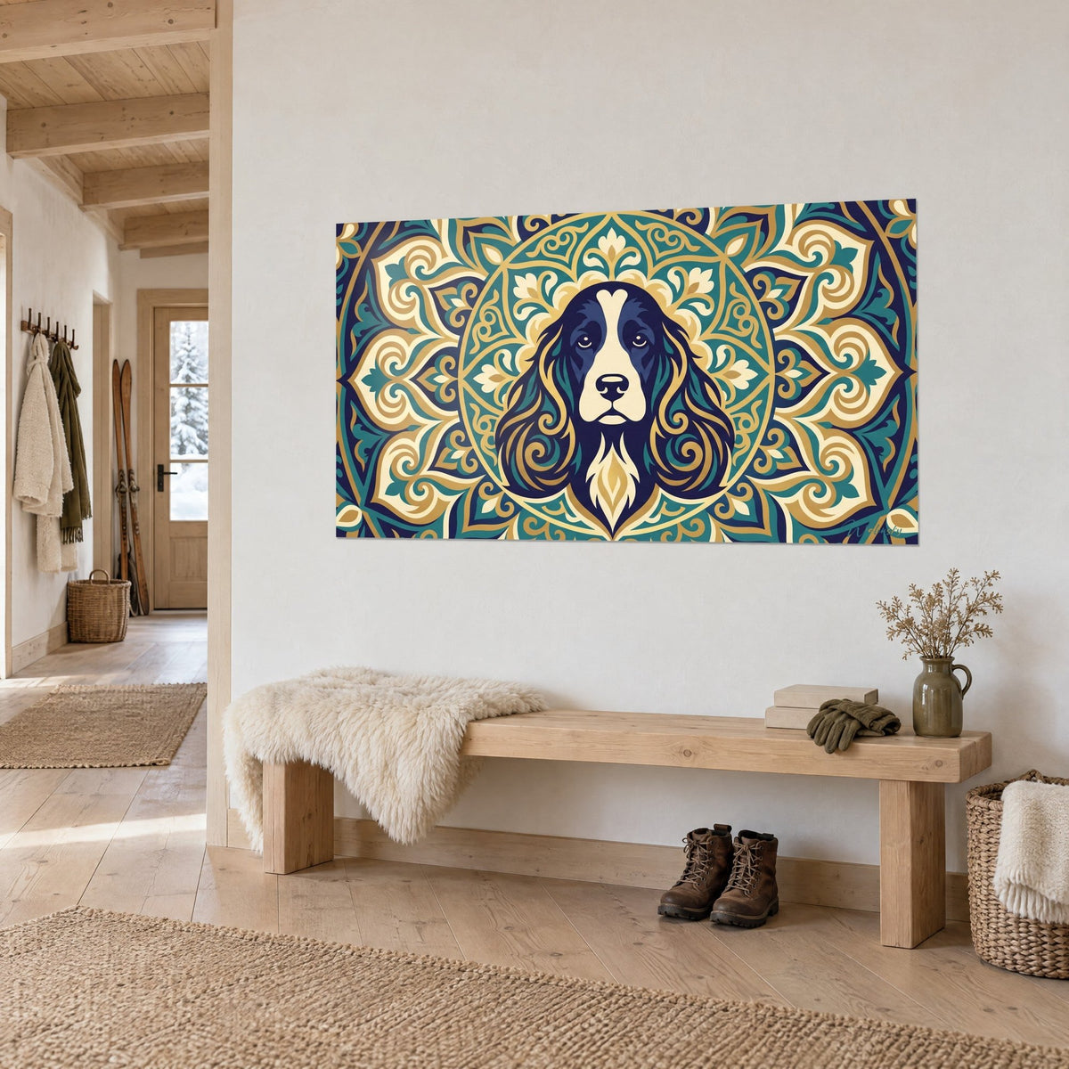 Gemälde Ornament-Mandala um einen Hundekopf, goldene Schnörkel und Smaragdgrün auf Creme, aufgehängt in einem Flur mit hellem Holz