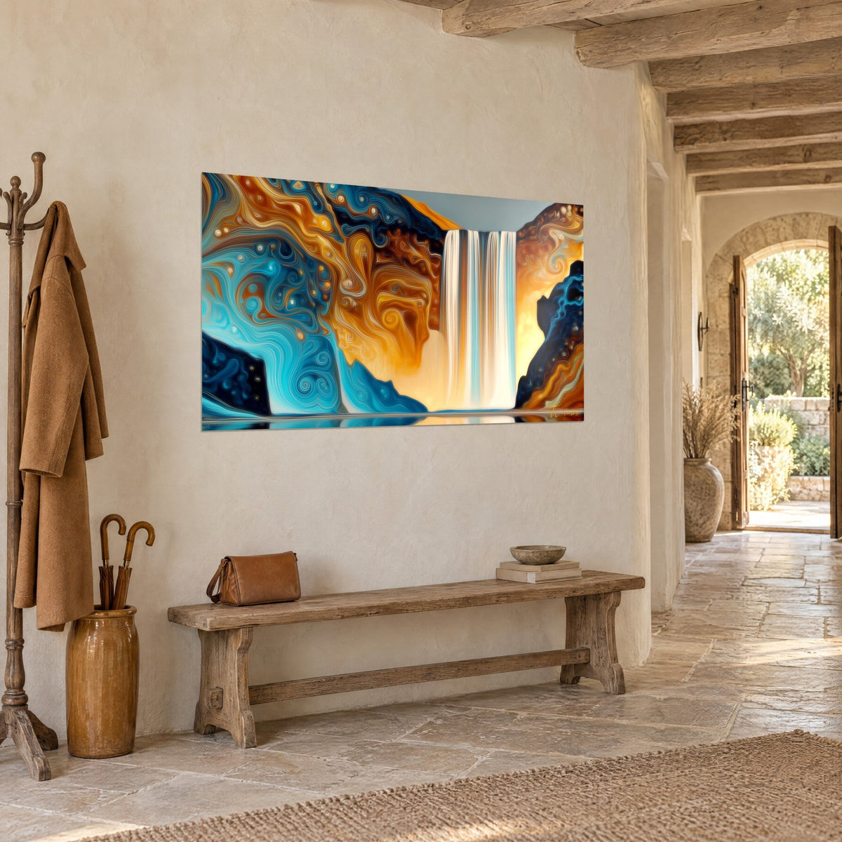 Tableau chute d'eau stylisée aux volutes bleu turquoise et ambre, filets blancs verticaux, vue de trois-quarts dans une entrée en pierre