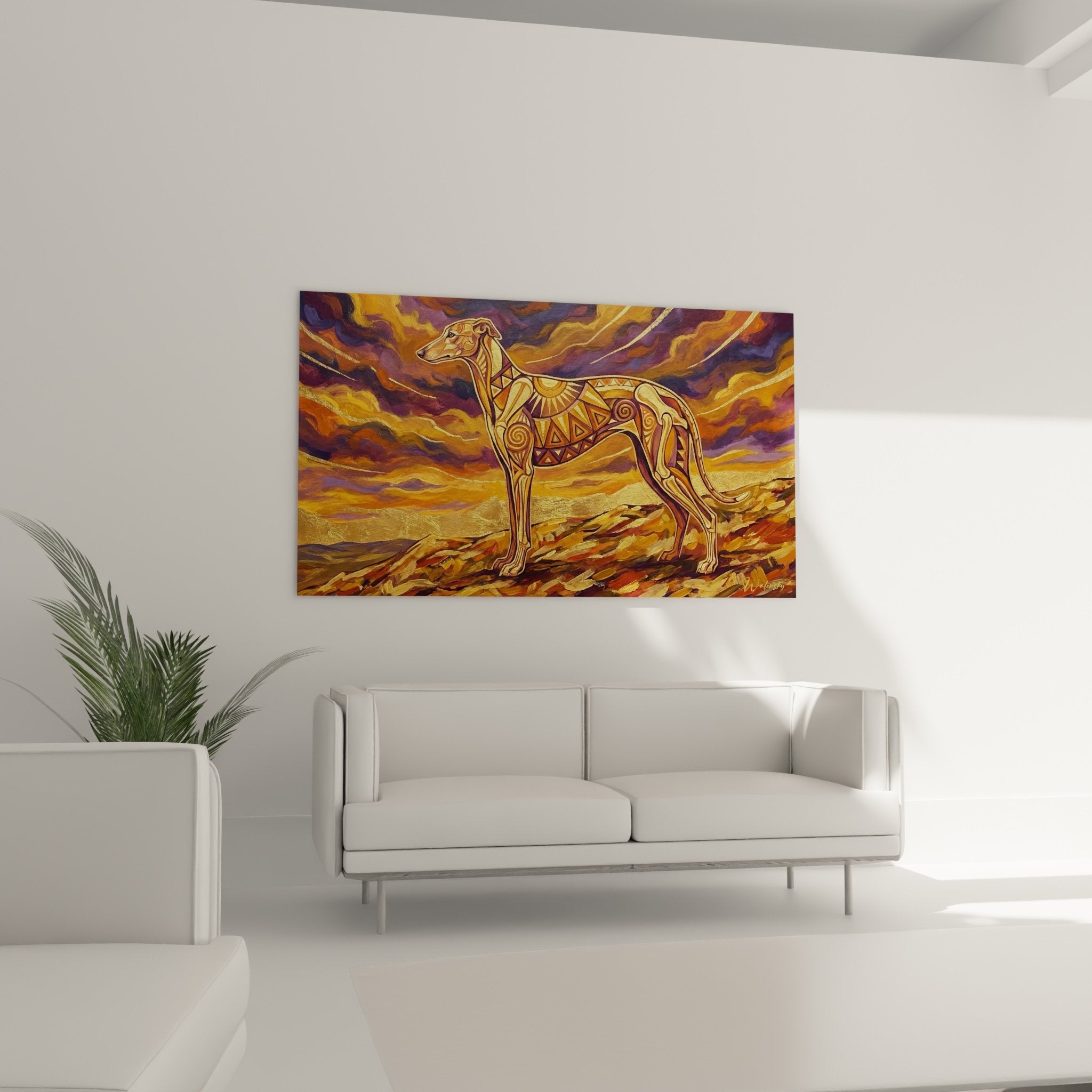 Détail motifs tribaux dorés spirales triangles ornements géométriques corps lévrier greyhound art décoratif