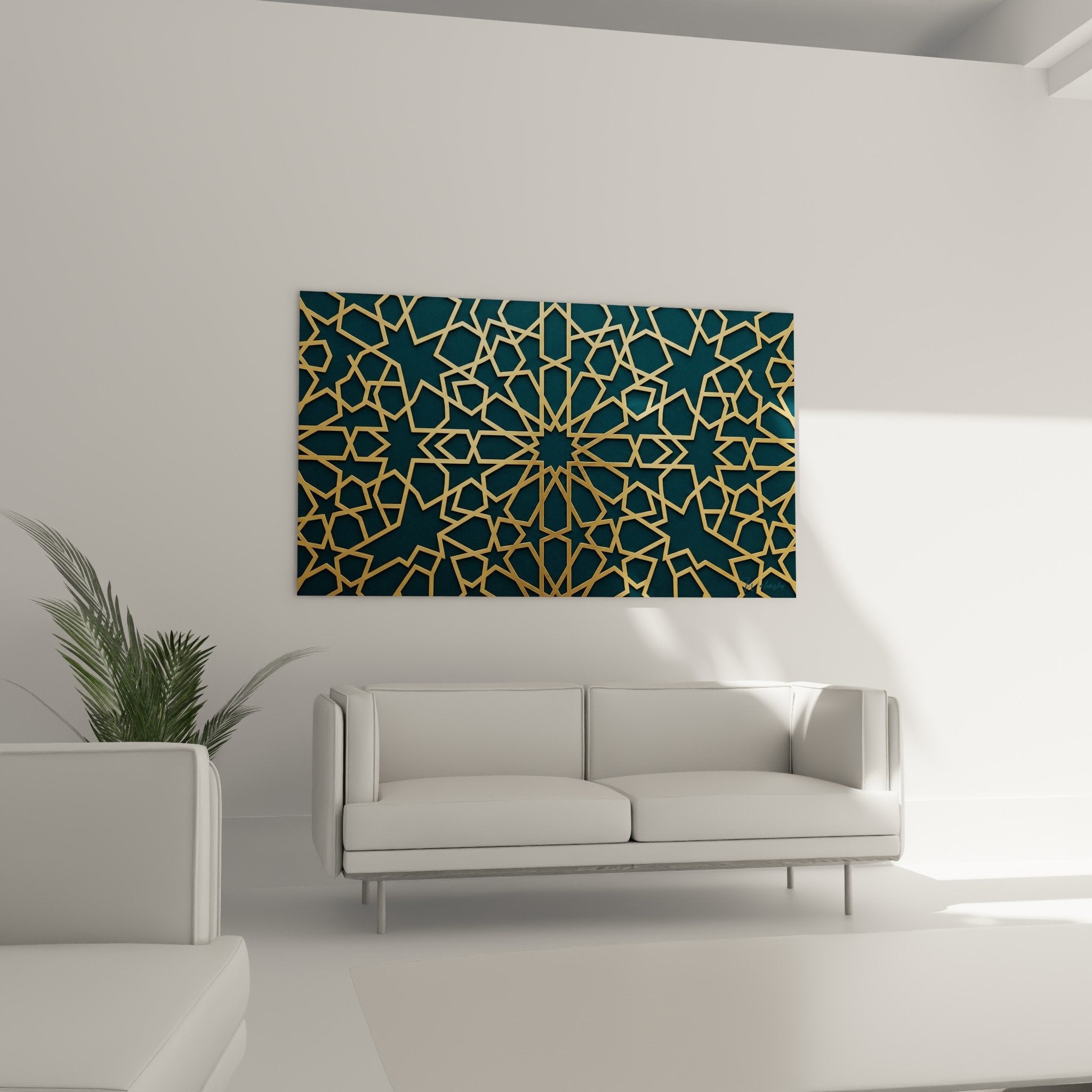 Detail motifs geometriques dores etoiles polygones mandala fond bleu-vert texture relief