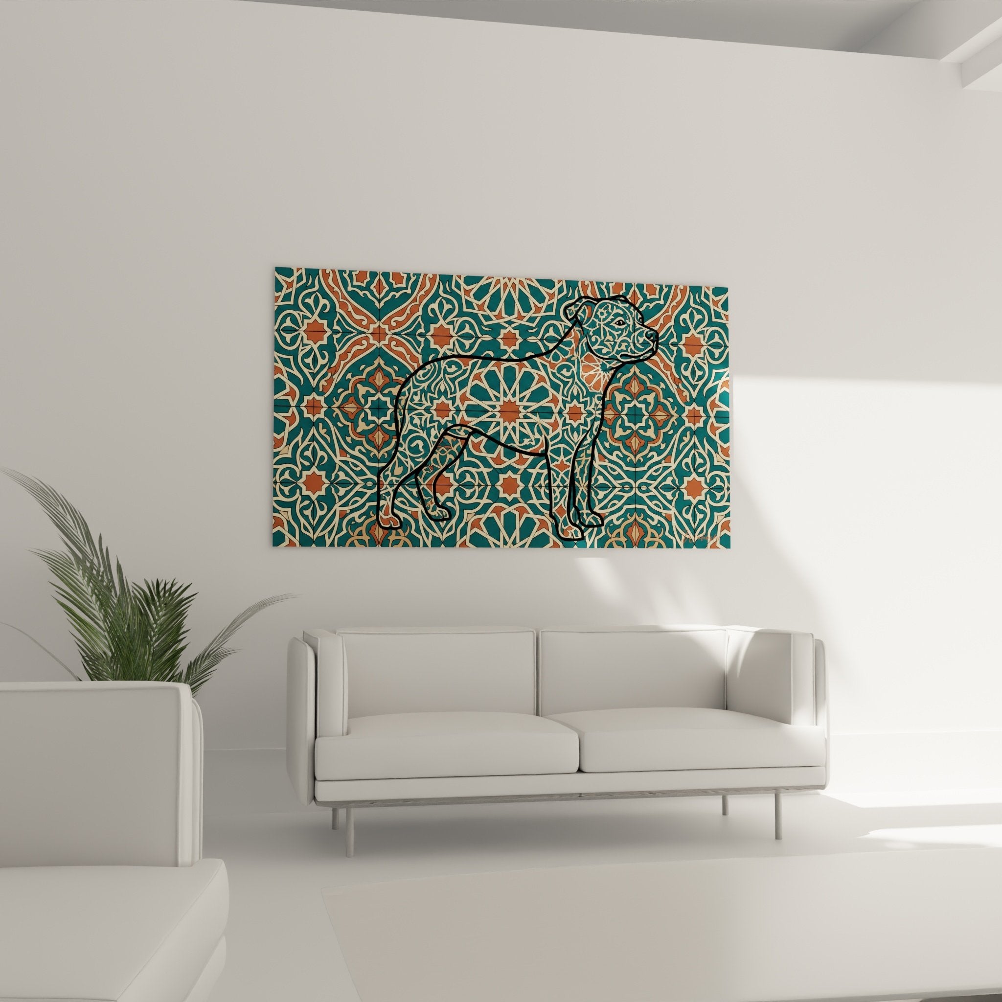 Nahaufnahme geometrischer Ornamentmuster in Türkis, Terrakotta und Creme im maurischen Stil Hundetafel