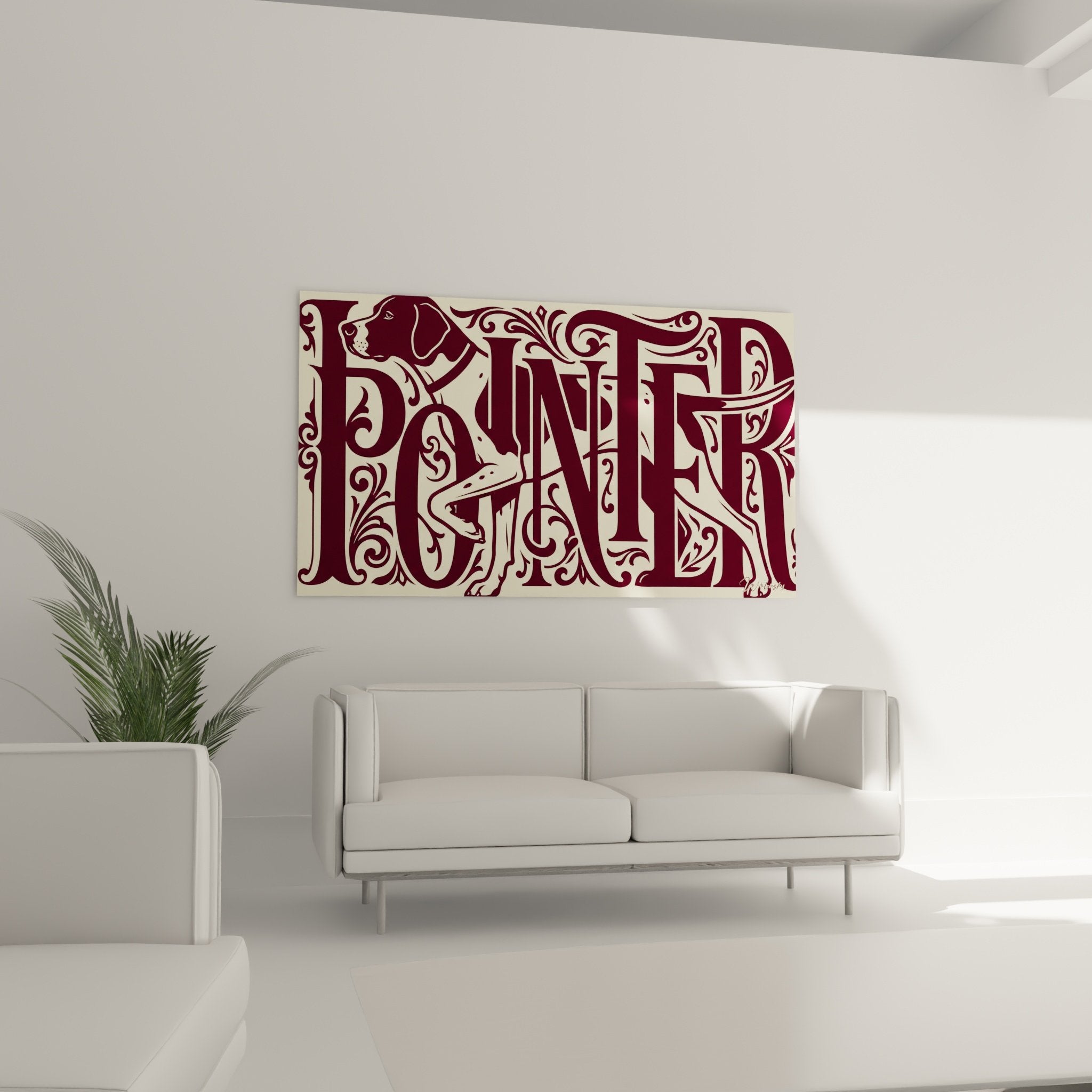 Détail tableau chien pointer motifs décoratifs bordeaux travail typographique ornemental