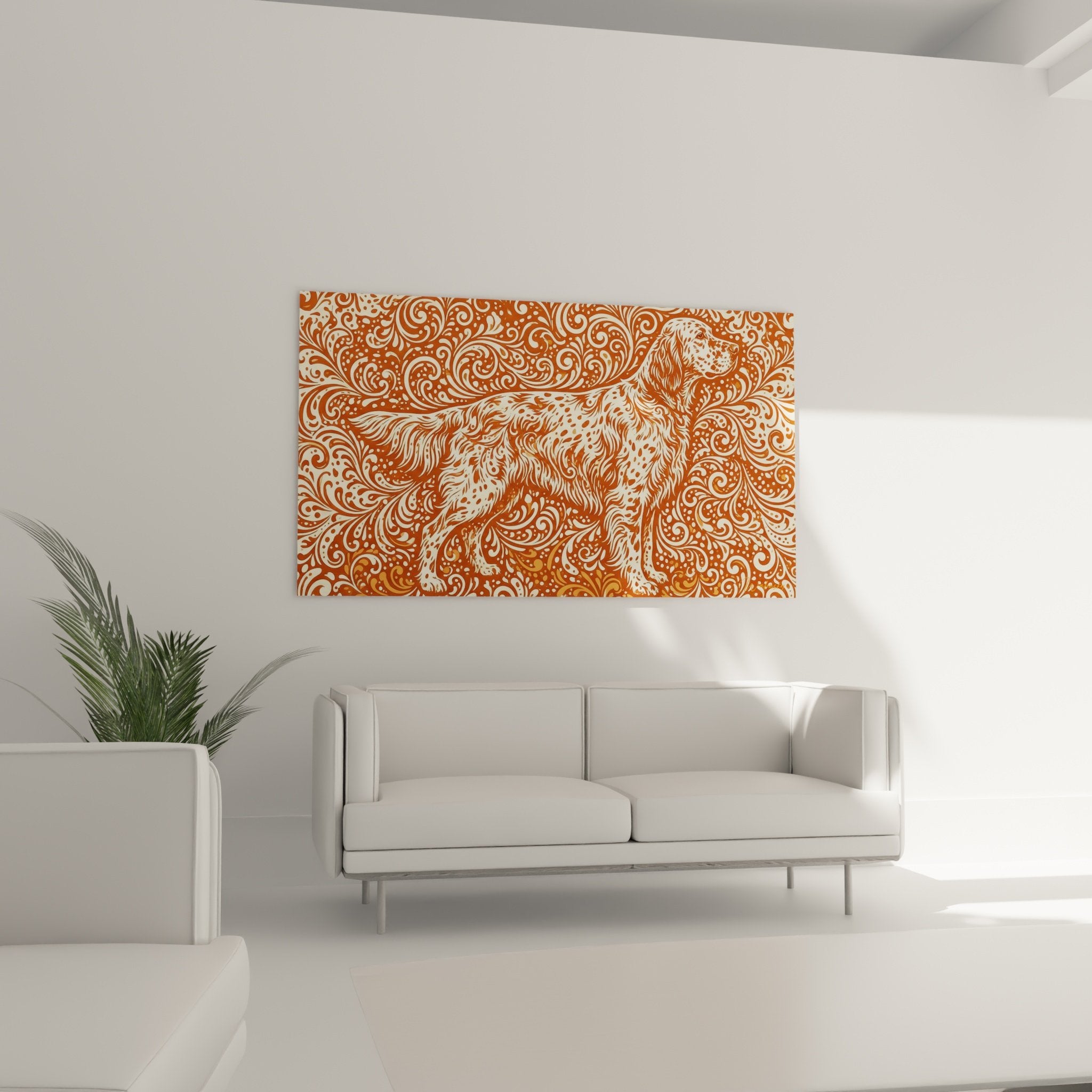 Detail motifs baroques dores setter anglais pelage tachete arabesques volutes art decoratif cuivre ocre