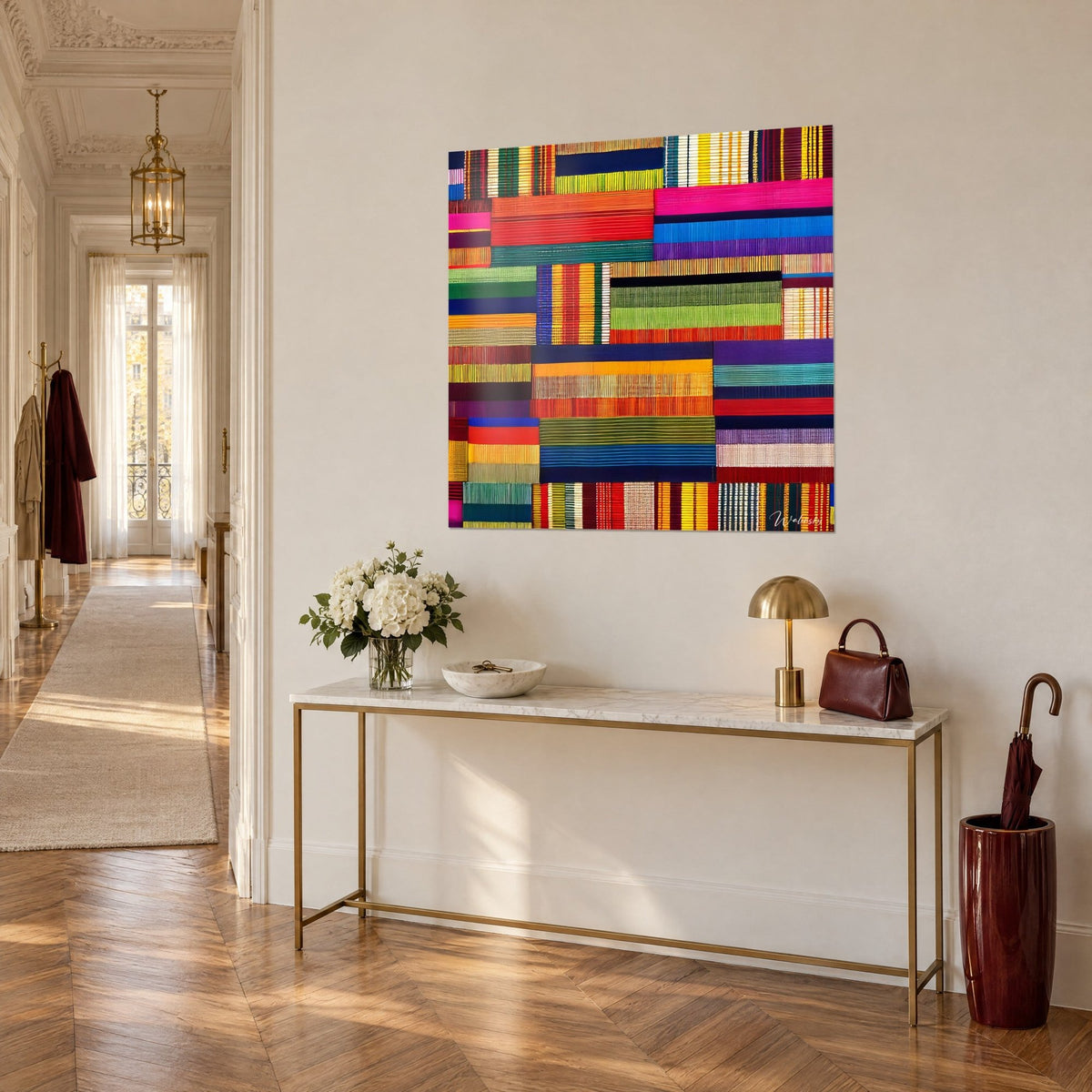 Tableau mosaïque de rayures tissées orange, rose fuchsia et vert tilleul, vu en trois-quarts sur un mur crème au-dessus d'une console dorée