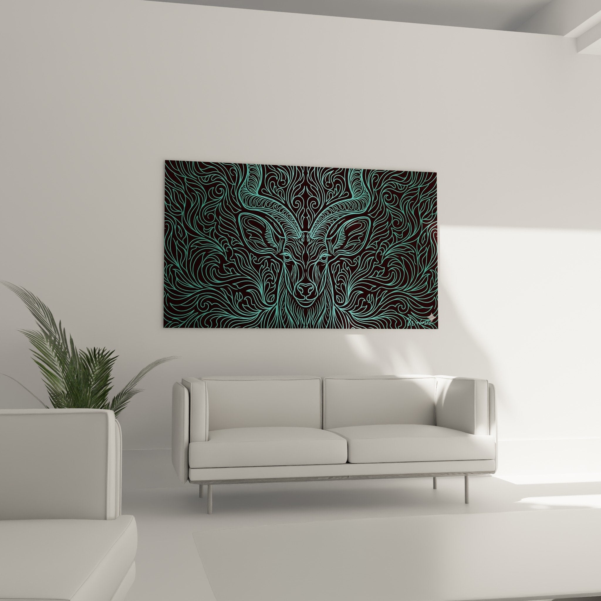 Détail du tableau élan montrant les motifs ornementaux turquoise et le travail graphique