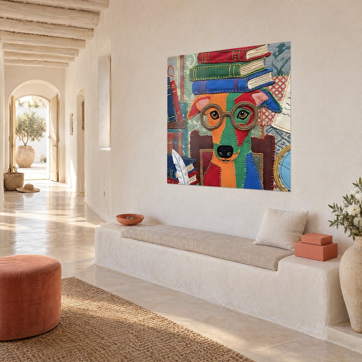 Wall art patchwork greyhound, red, green and blue stack of books on its head, white wall, Mediterranean house