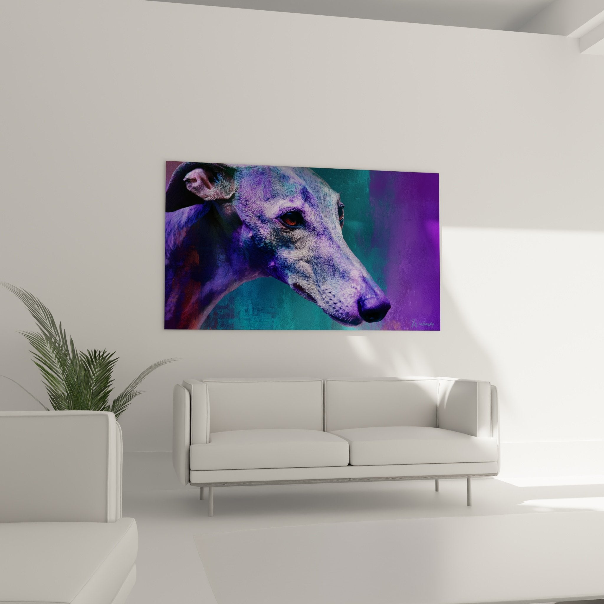 Detail du museau et de l'oeil orange du Levrier Whippet sur fond violet et turquoise