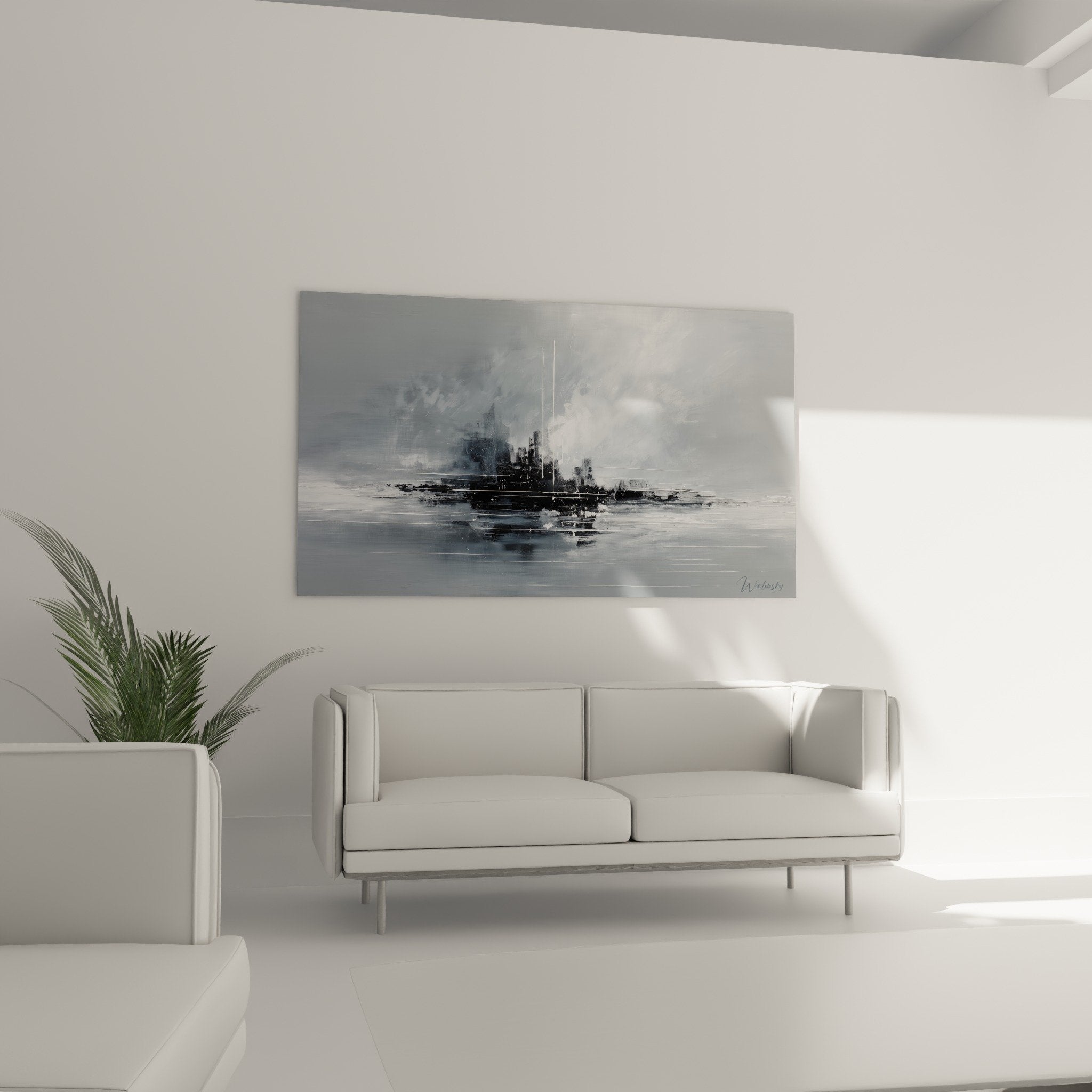 Close-up detail warship painting grey mist feng shui west metal artwork