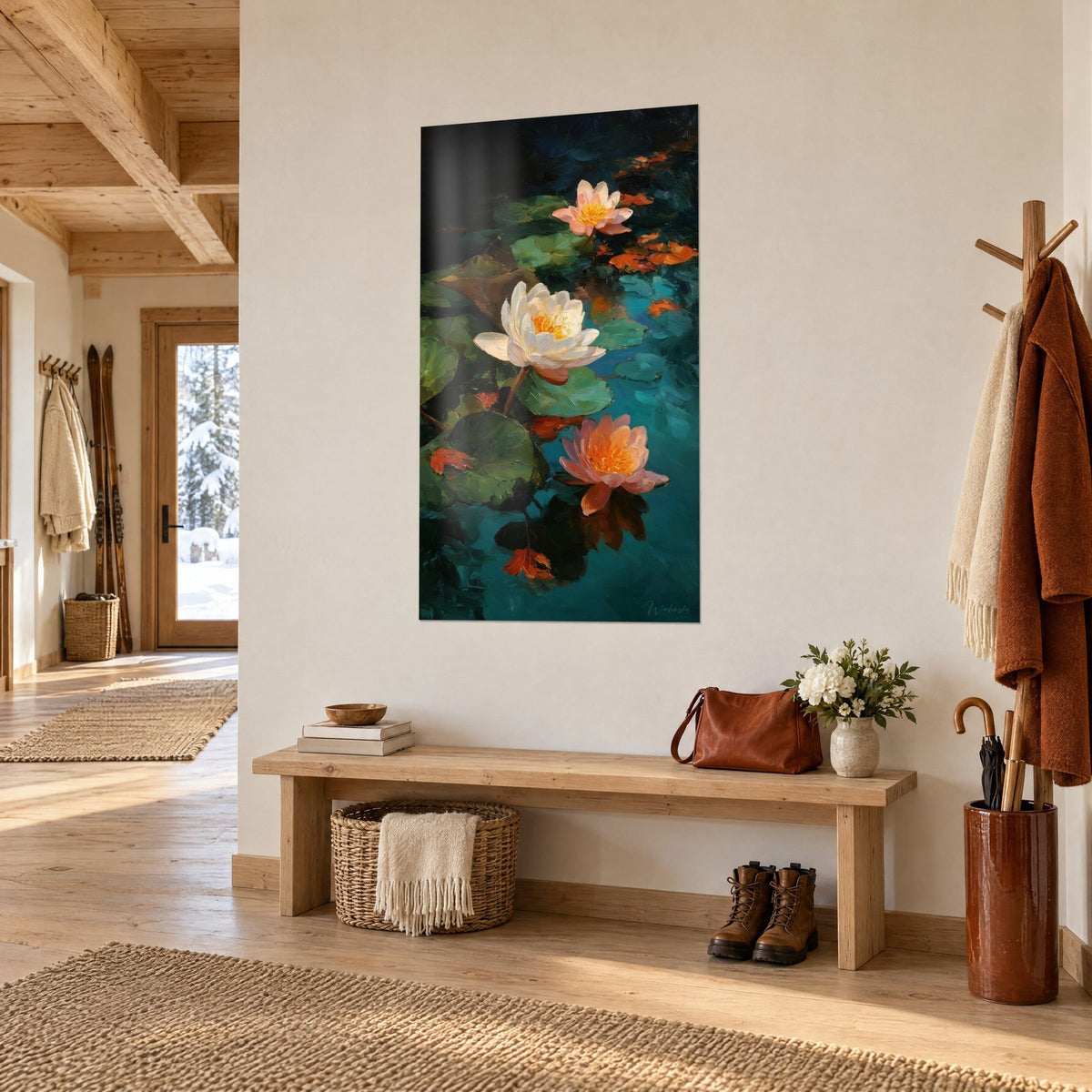 Quadro di loto avorio dal cuore arancione e fiori corallo tra ampie foglie verdi, riflessi turchesi, in un ingresso di chalet