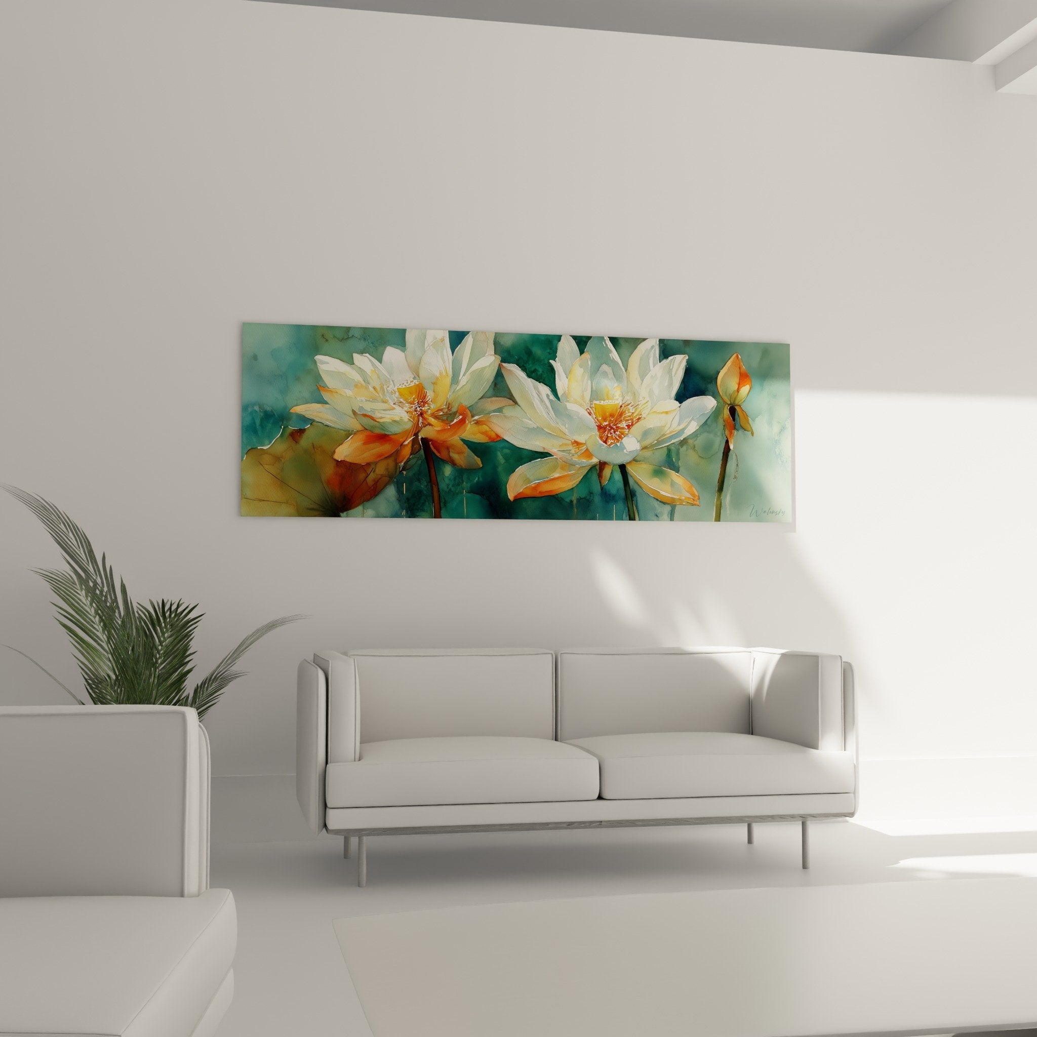 Détail nénuphar blanc aux reflets orange, technique aquarelle, pétales lumineux sur fond turquoise