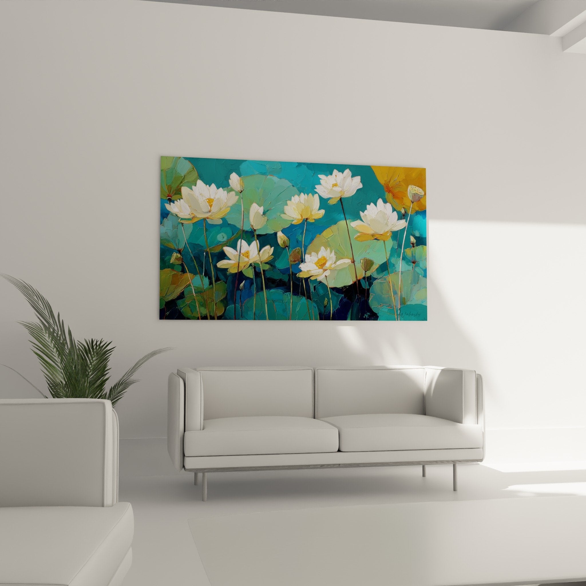 Détail nénuphar blanc aux pétales nacrés, cœur doré, technique empâtement, peinture florale réaliste