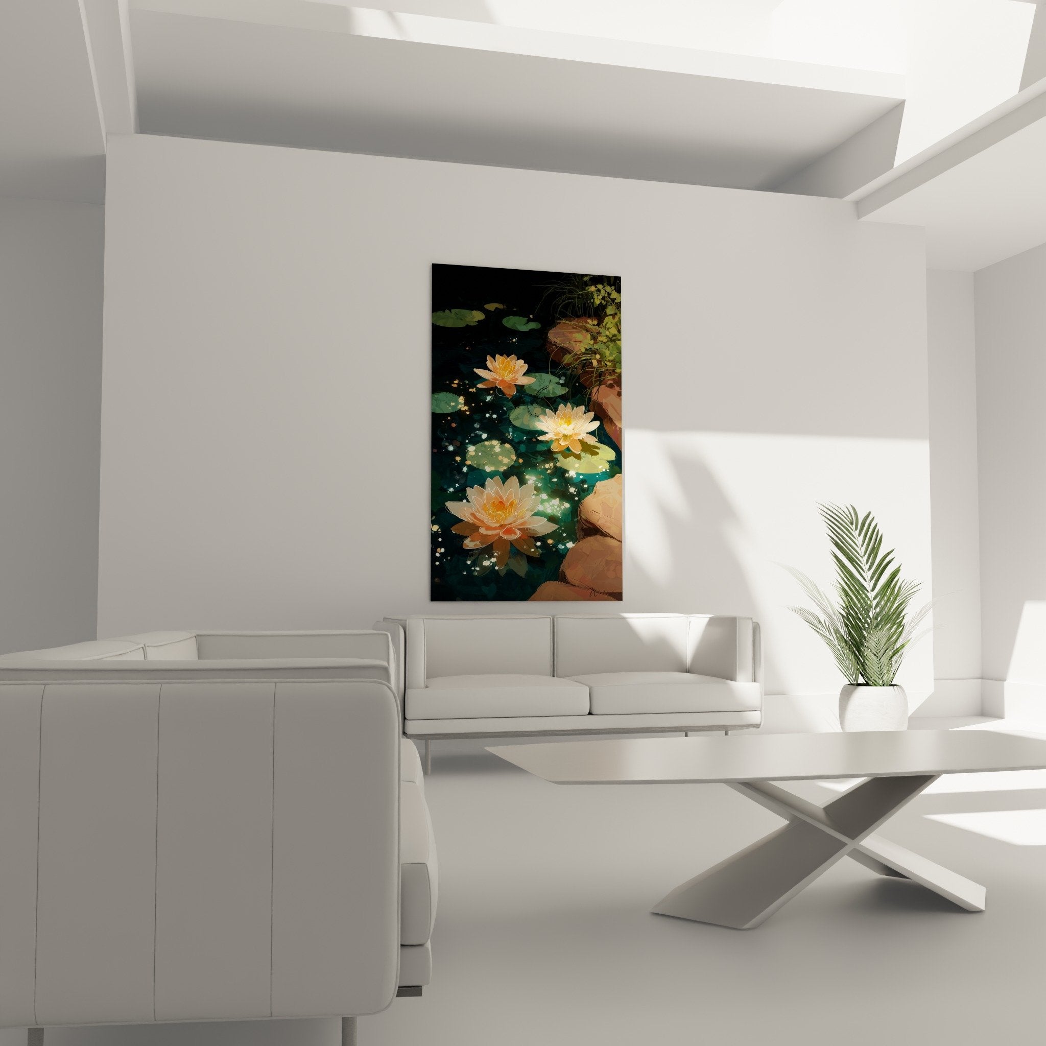 Detail of orange water lily with delicate petals floating on emerald water with golden sparkles