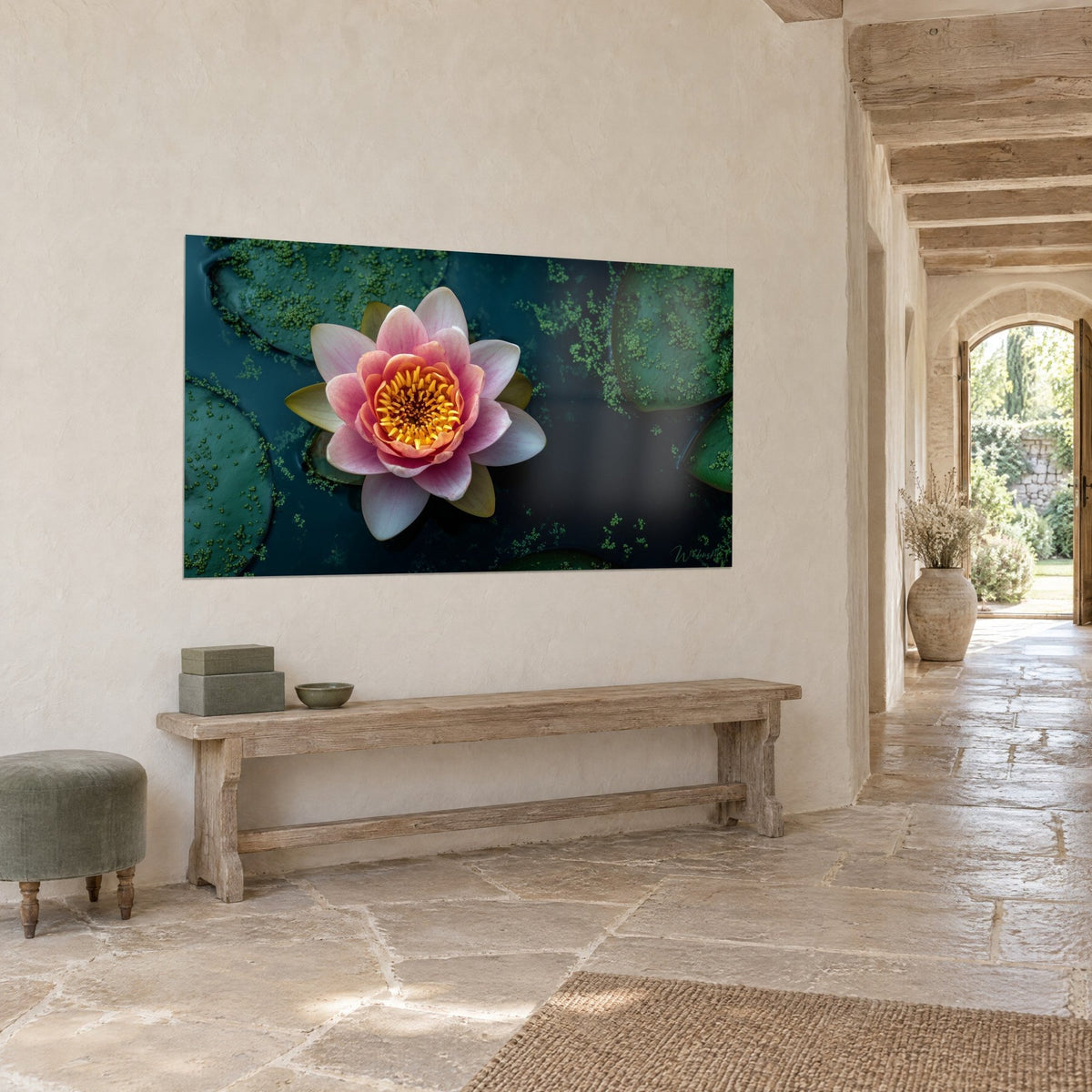 Cuadro loto de pétalos rosa pálido flotando sobre un estanque verde profundo, muro de piedra y banco de madera