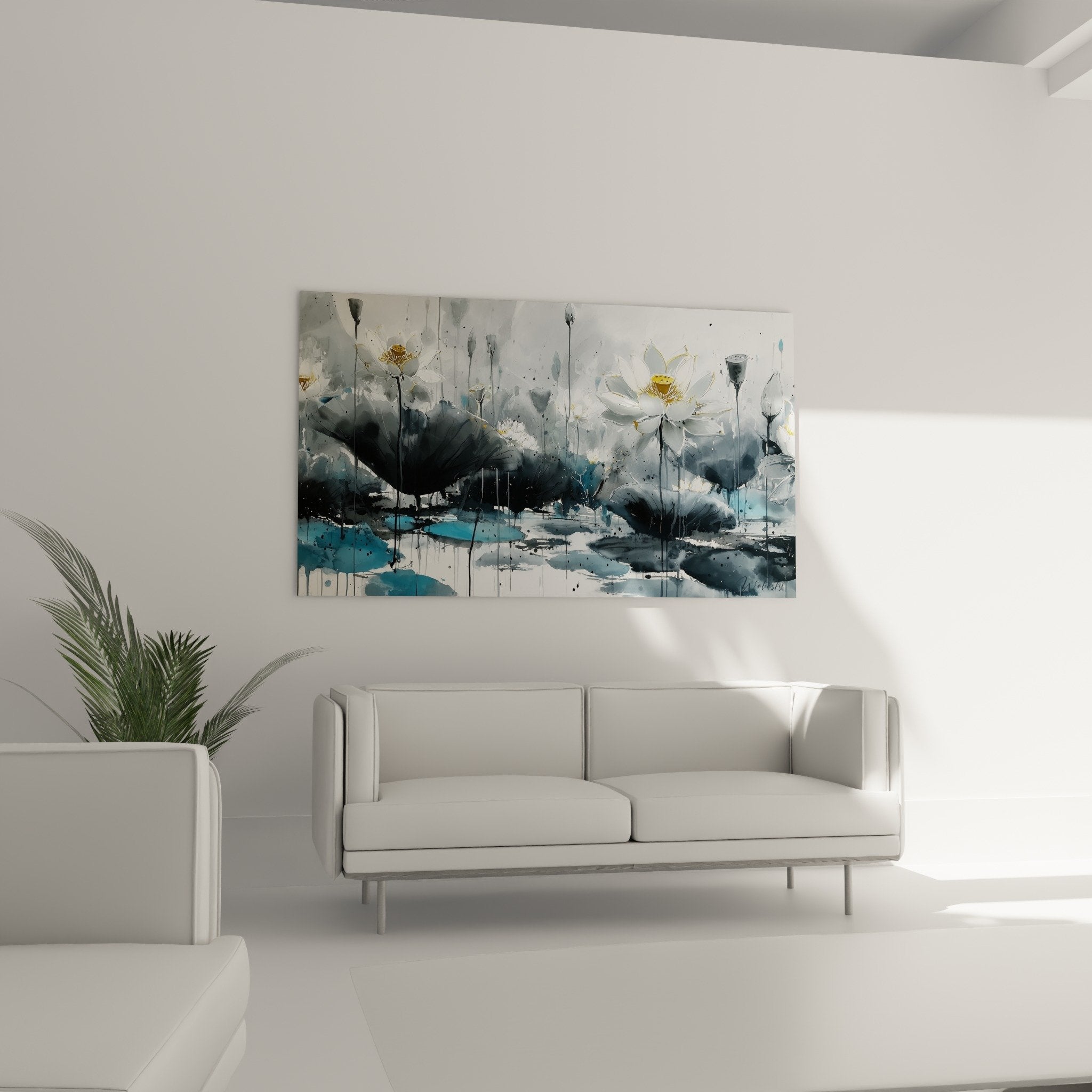 Détail rapproché des nénuphars blancs aux détails dorés sur fond aquarelle fluide gris et bleu
