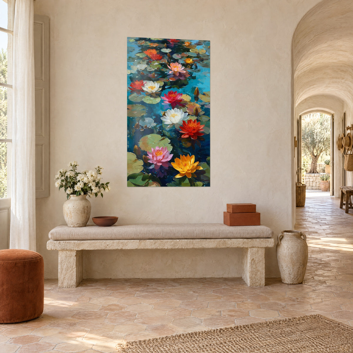 Quadro di uno stagno fiorito con loti avorio e arancio, foglie verde oliva su blu profondo, in fondo a una panca di pietra
