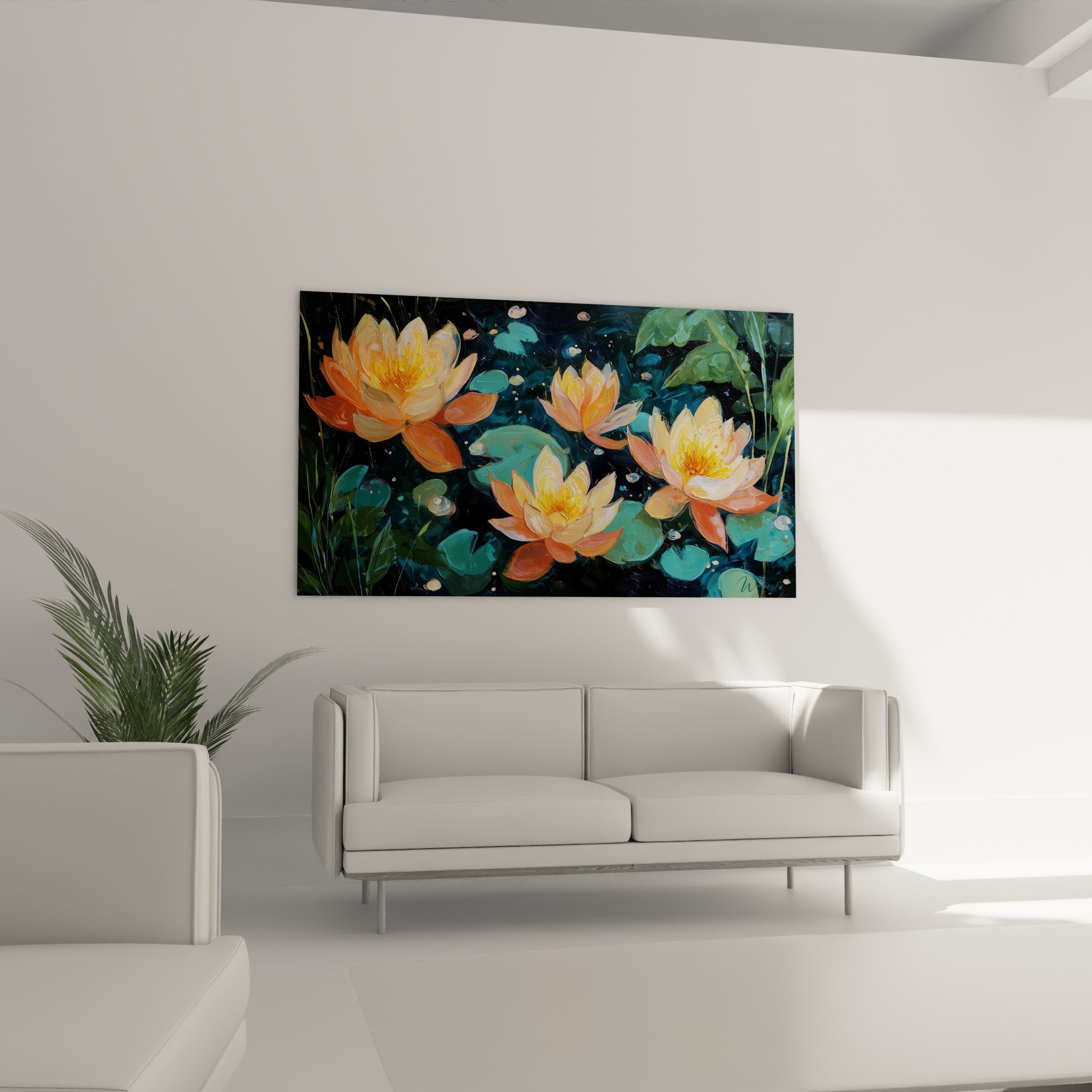 Détail peinture nénuphar orange pétales dorés technique impressionniste empâtements couleurs vives