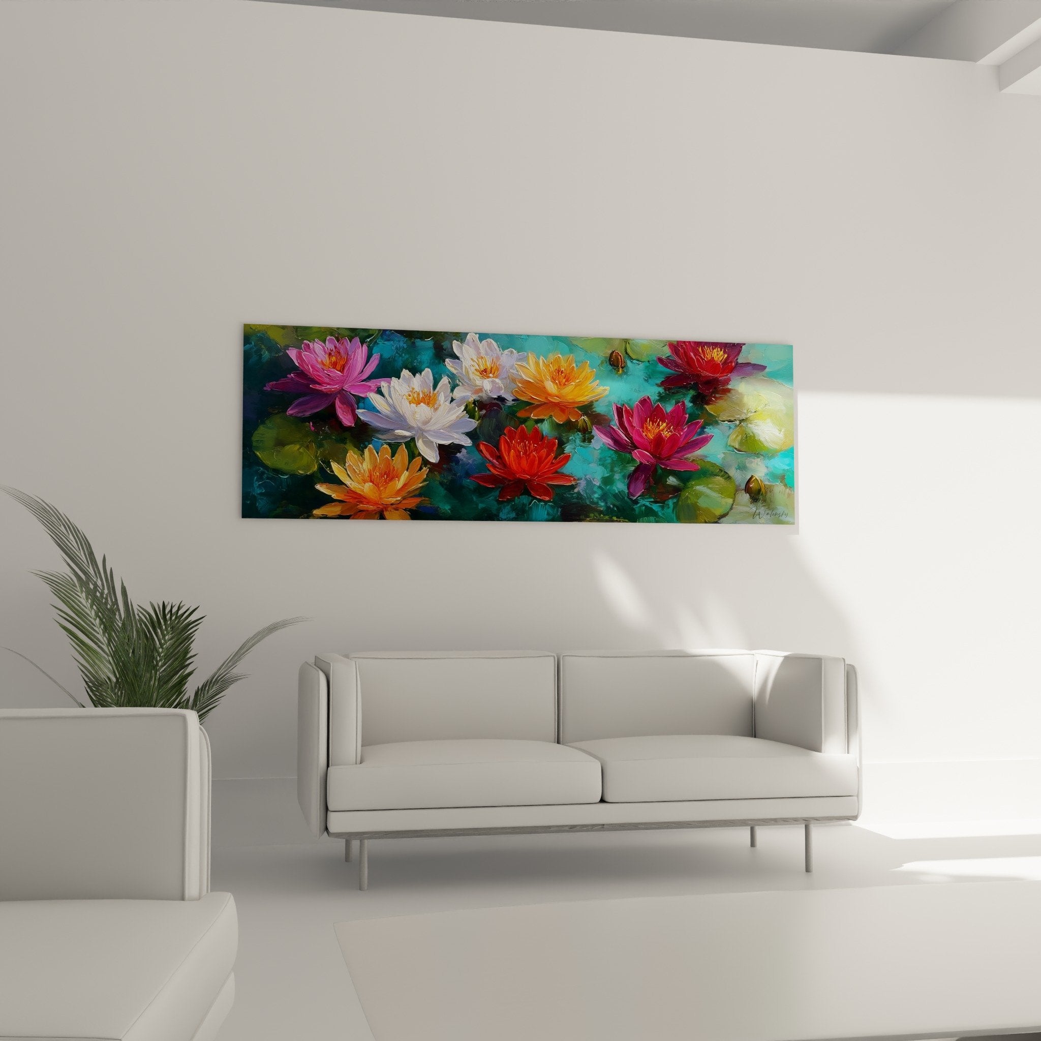 Détail nénuphars peints couleurs vives rose orange, technique peinture empâtements cœurs dorés