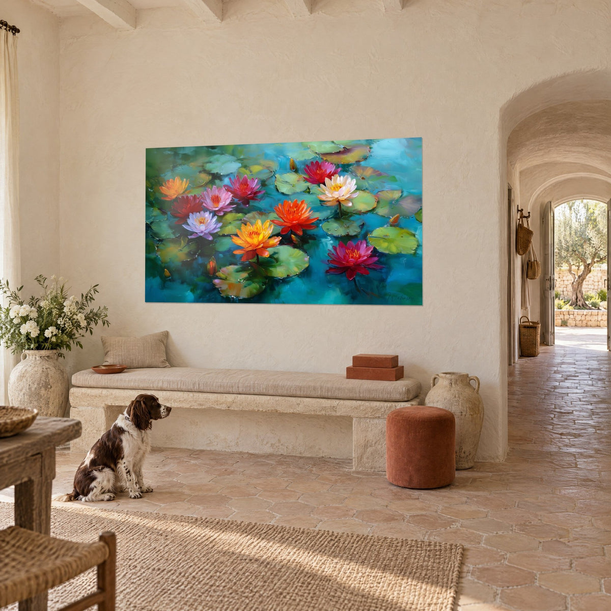Quadro con fiori di loto porpora e gialli tra le ampie foglie verdi di uno stagno, uno spaniel seduto davanti, casale provenzale