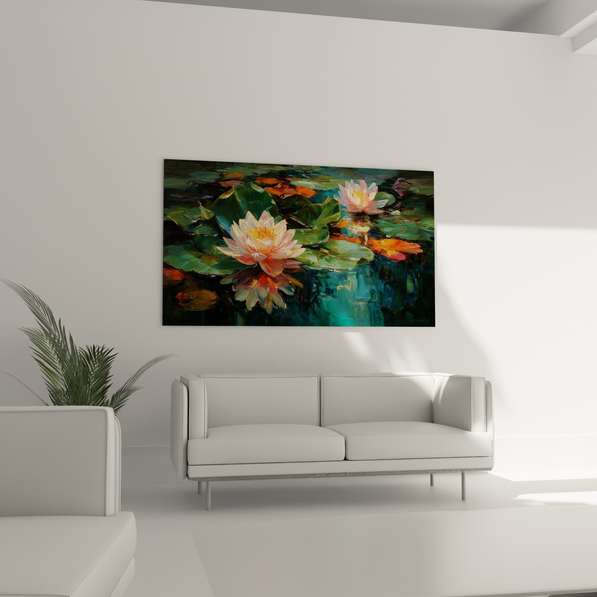 Détail nénuphars roses pétales blancs cœur jaune peinture impressionniste texture empâtement artistique