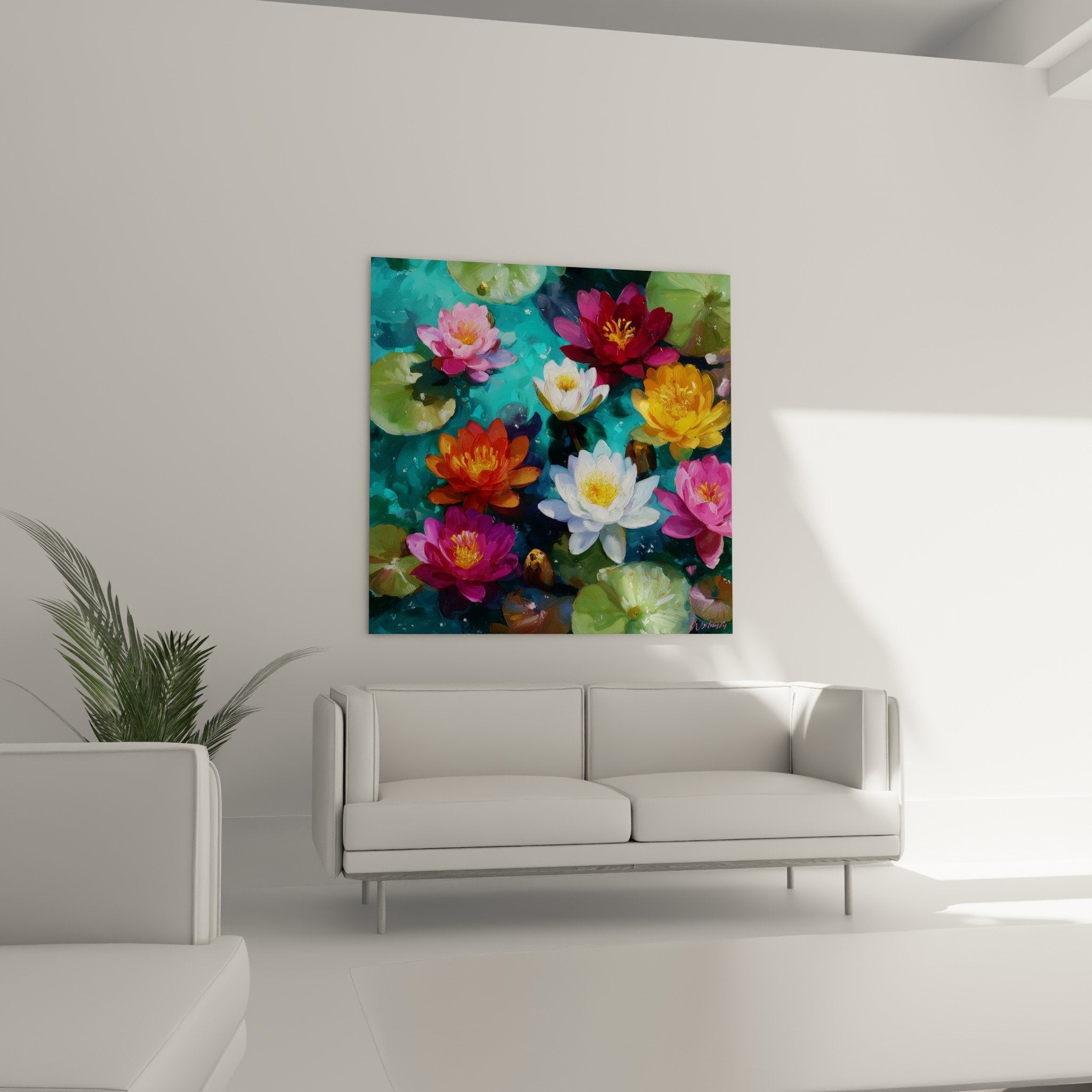 Détail rapproché nénuphars roses rouges jaunes sur eau turquoise peinture texturée effet réaliste jardin aquatique