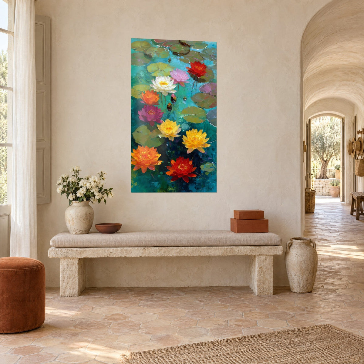 Wall art pond of orange and pink lotus flowers among large green leaves, stone bench and vase, three-quarter view of the farmhouse