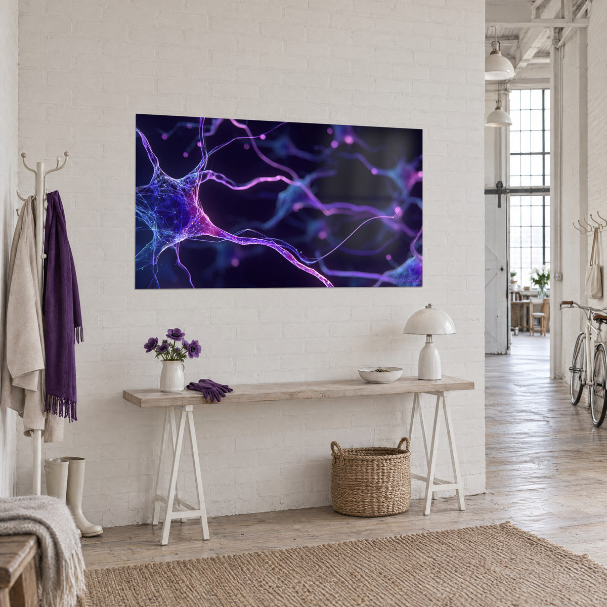 Gemälde Nervenzelle als leuchtendes Netzwerk in Indigo und Rosa, feine funkelnde Verzweigungen, Loft, helle Holzkonsole